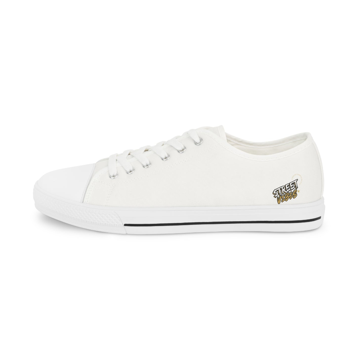 White sneaker with an Essence Innovation 'Street Vibes' brand logo on a white background