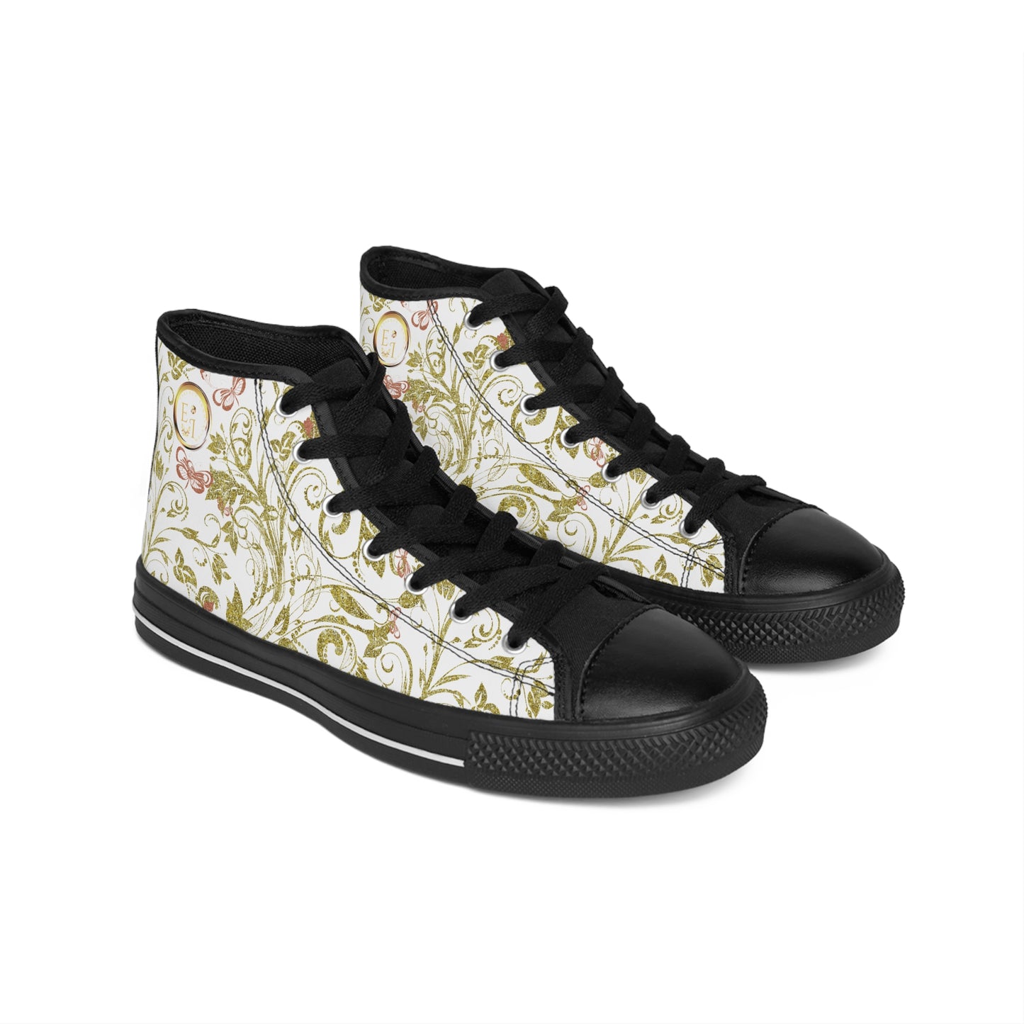 Black Essence Innovation high-top sneakers with floral pattern on a white background