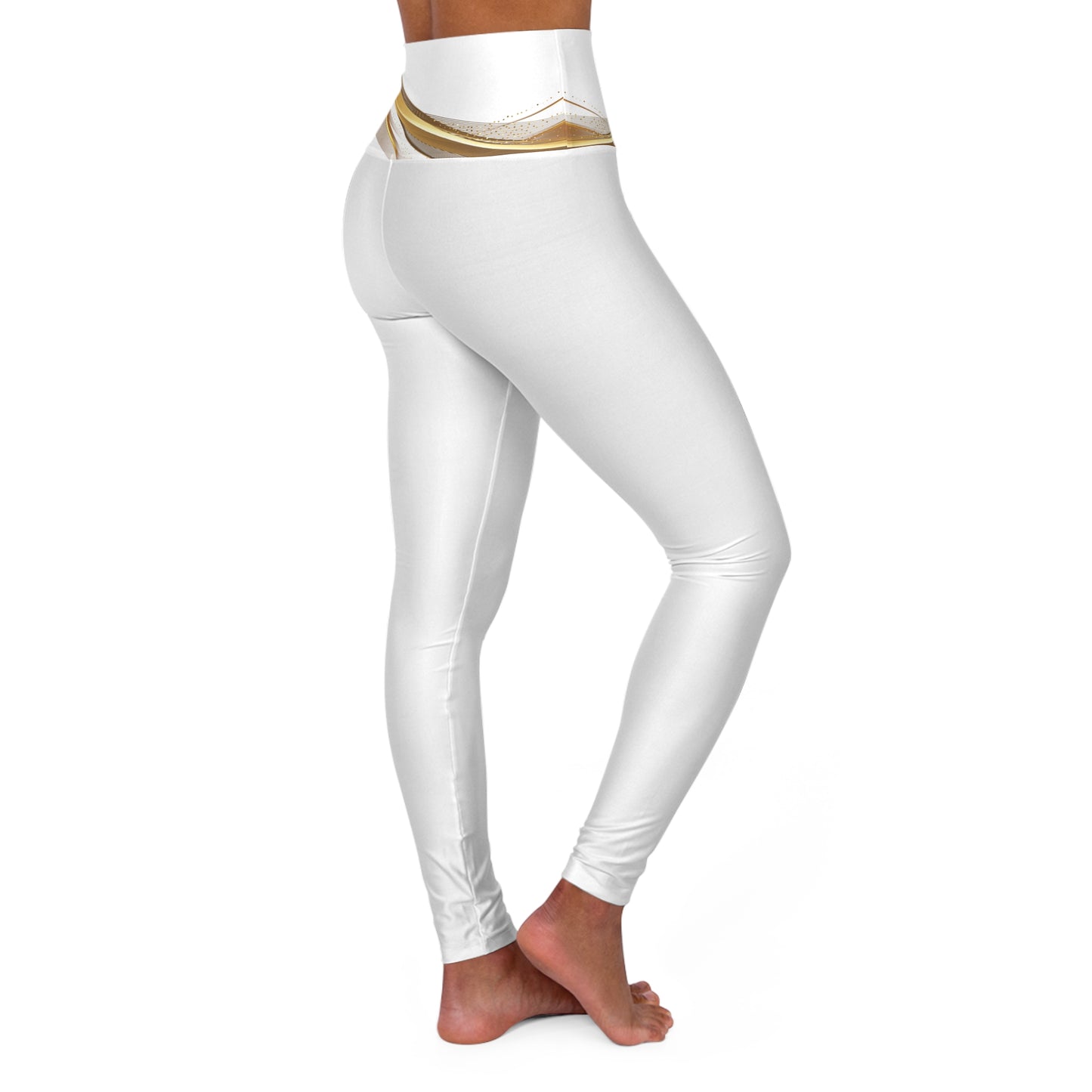 White leggings with a gold waistband on a white background