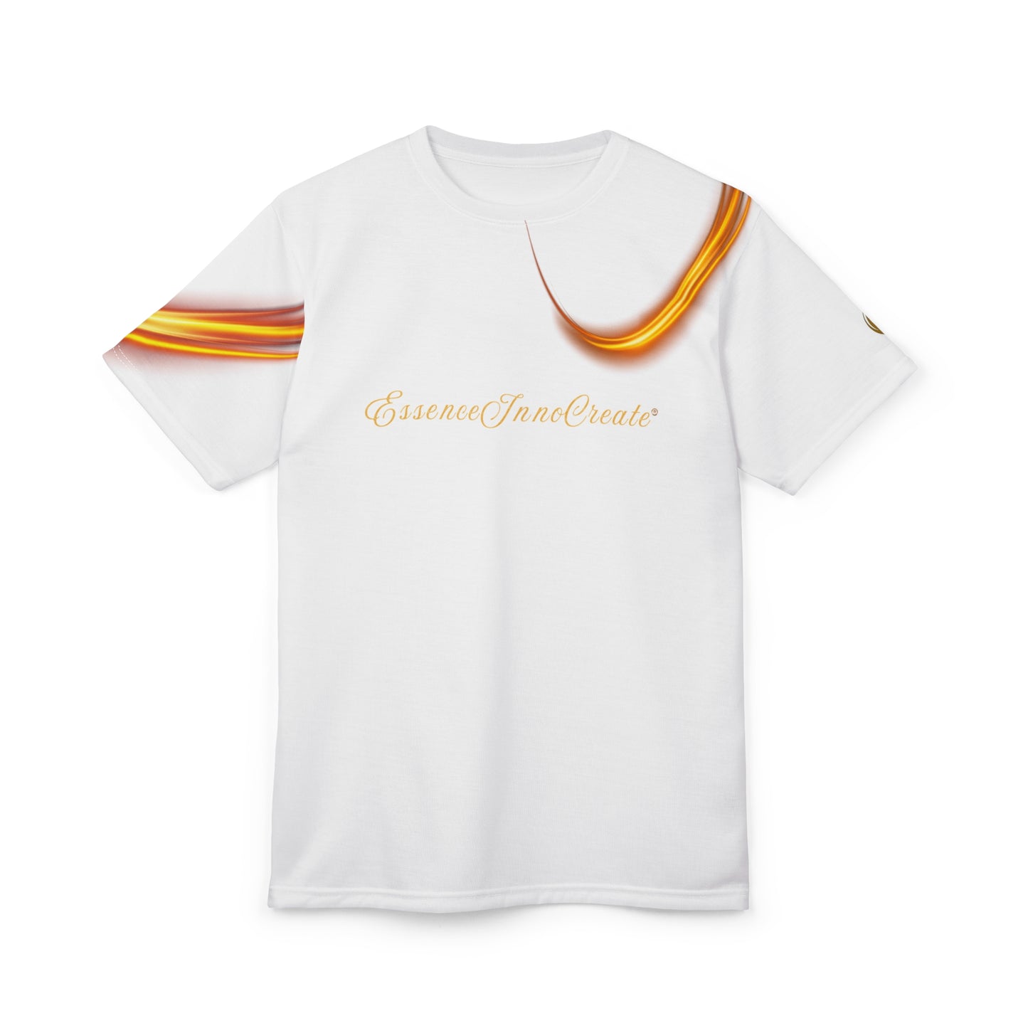 White t-shirt with orange and yellow stripes on sleeves and 'EssenceInnoCreate' text on a white background