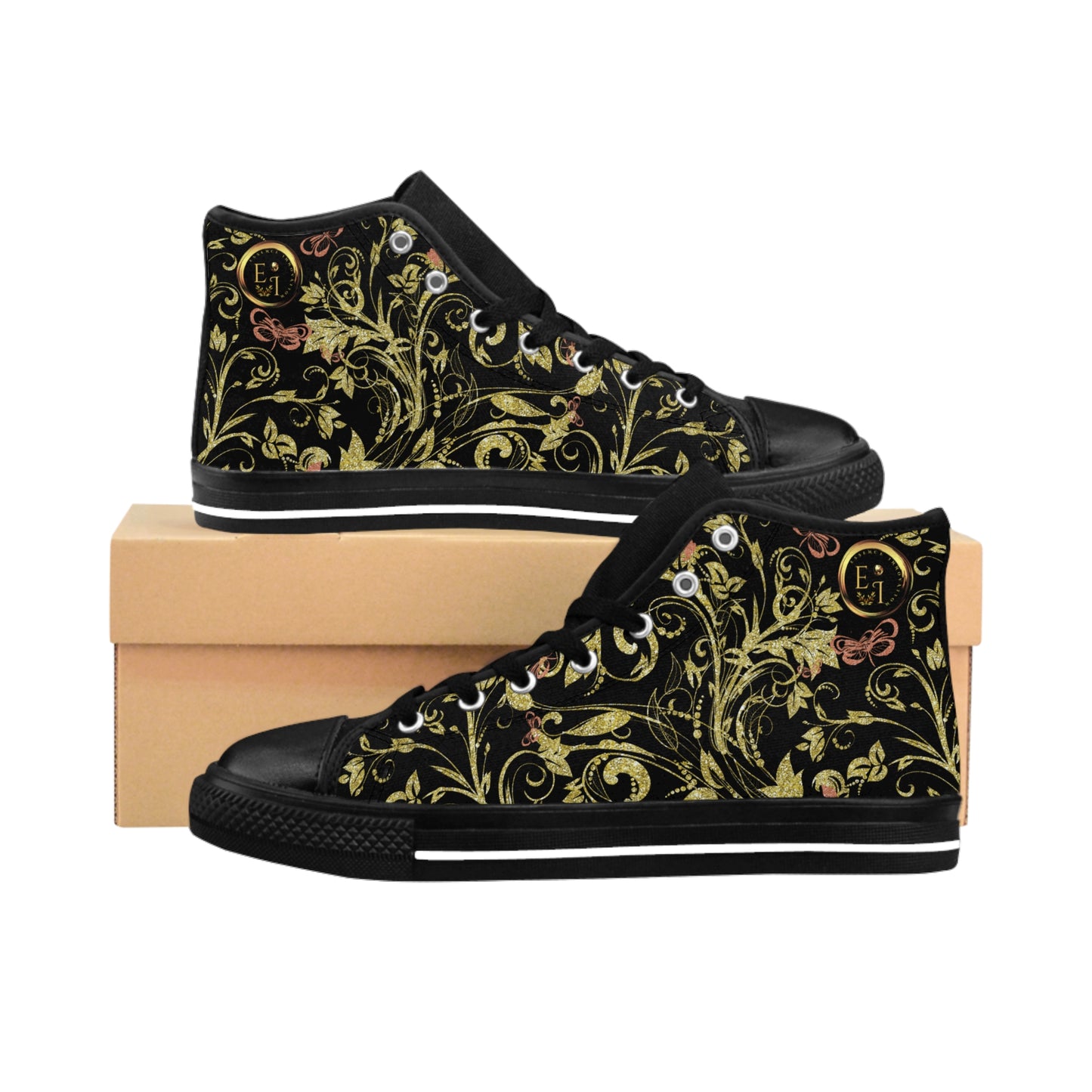 Black Essence Innovation high-top sneakers with a reflective pattern on a white background