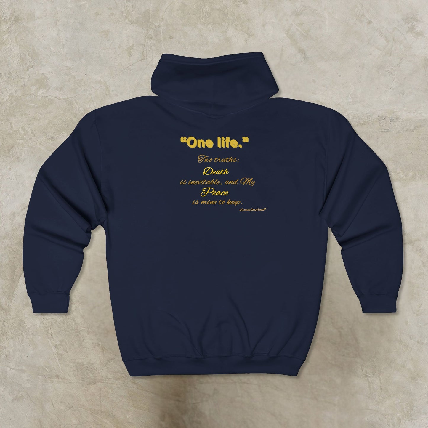 Navy Essence Innovation 'One Life' hoodie with yellow text on a beige background