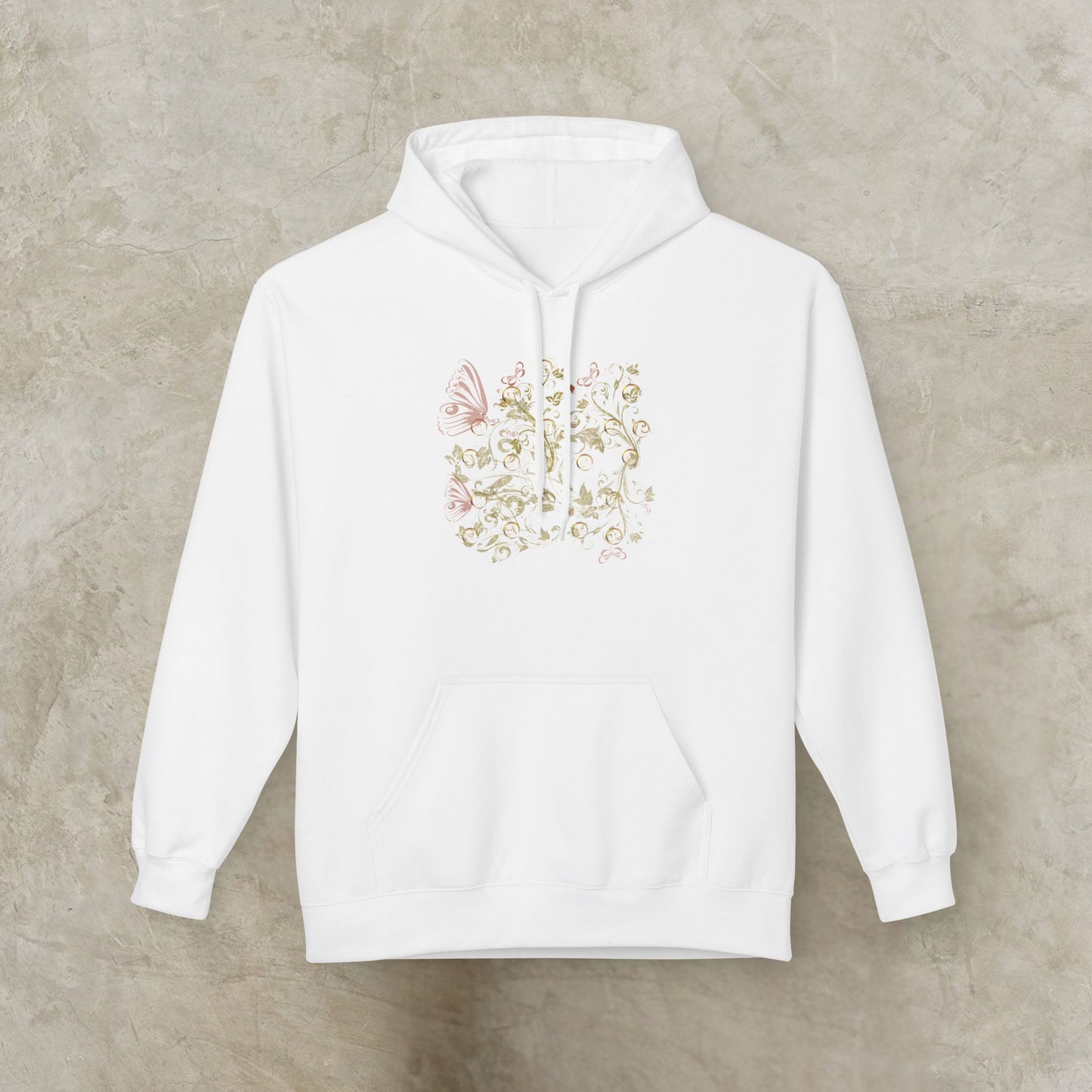 White hoodie with floral Essence Innovation Bohemian Butterfly design on a beige background