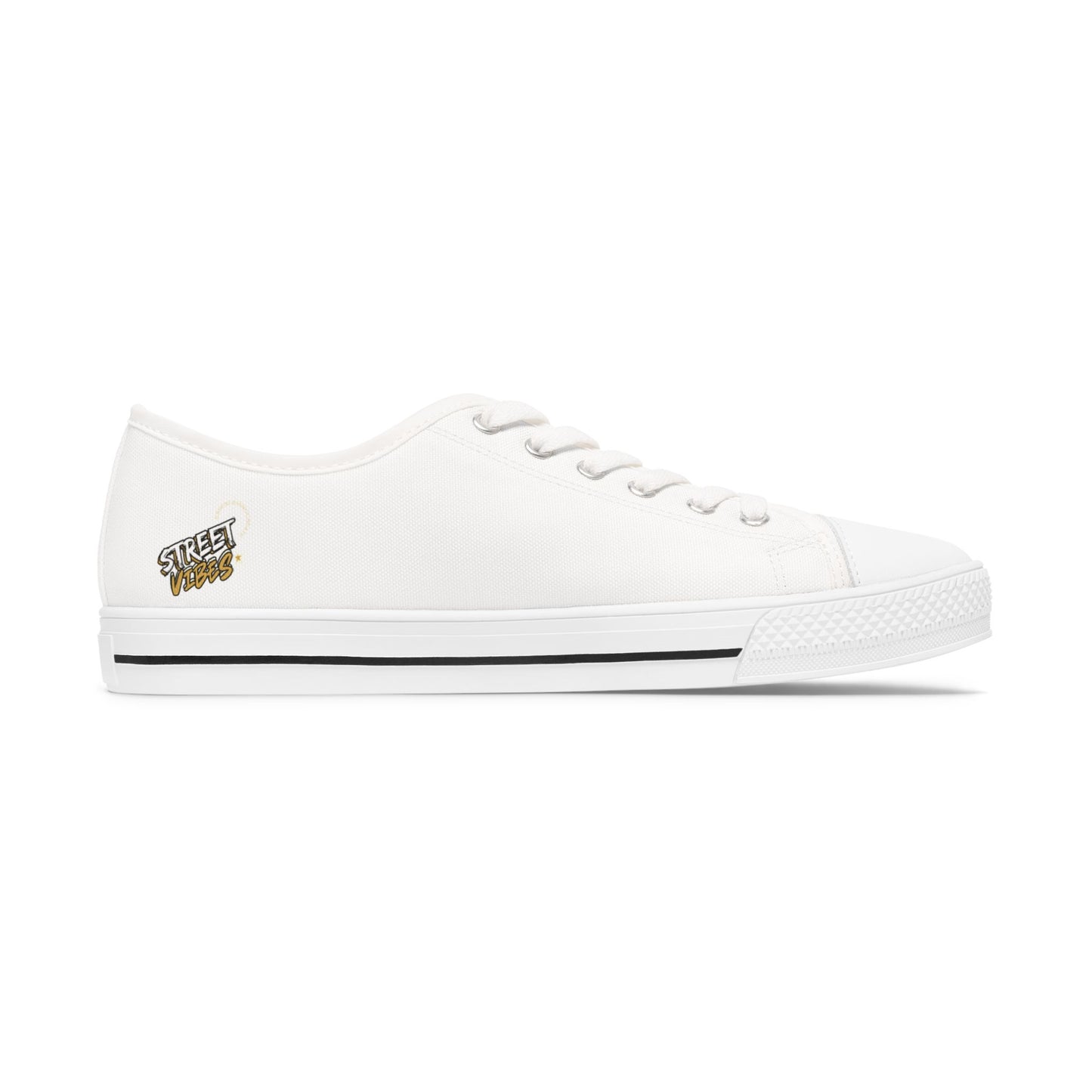 White sneaker with an Essence Innovation 'Street Vibes' logo on a white background