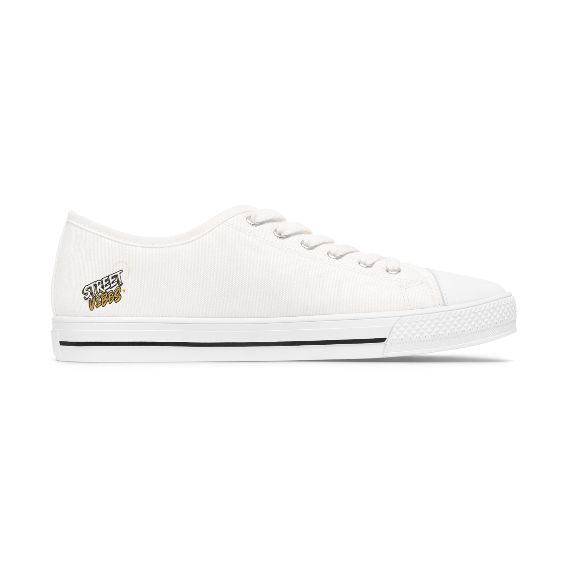 White sneaker with an Essence Innovation 'Street Vibes' logo on a white background