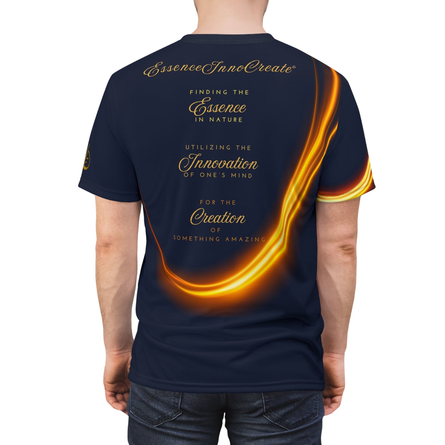 Navy blue t-shirt with gold text and design on the back, worn by a person.