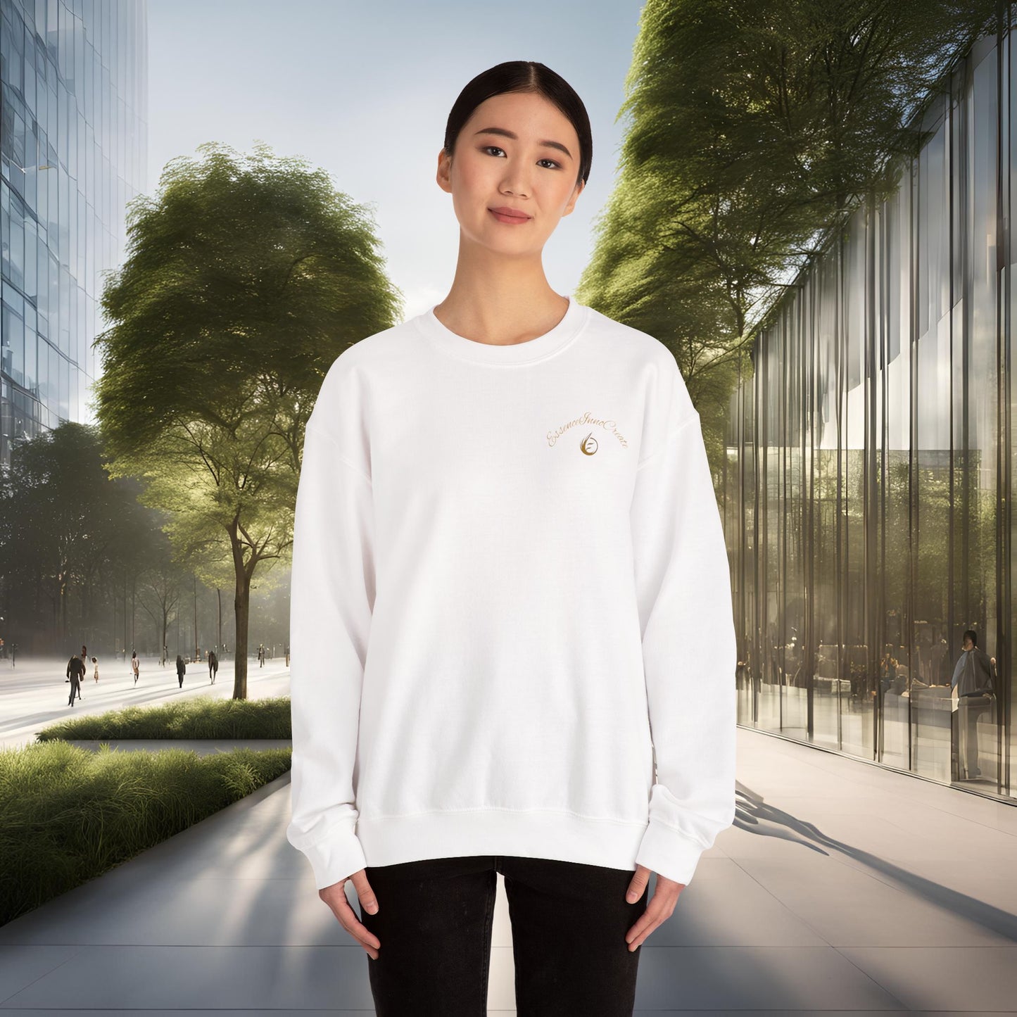 Person wearing a white sweatshirt with 'EssenceInnoCreate' logo in an urban setting
