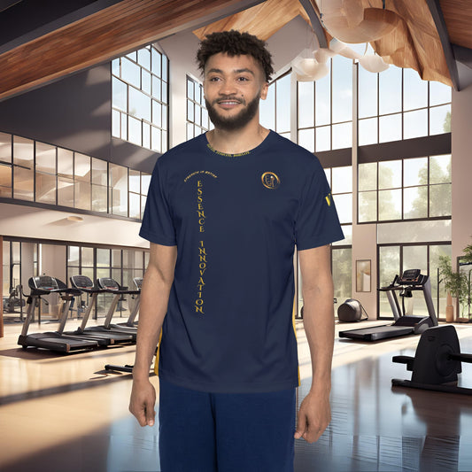 Man wearing a navy blue t-shirt with Essence Innovation logo and text in a modern gym setting