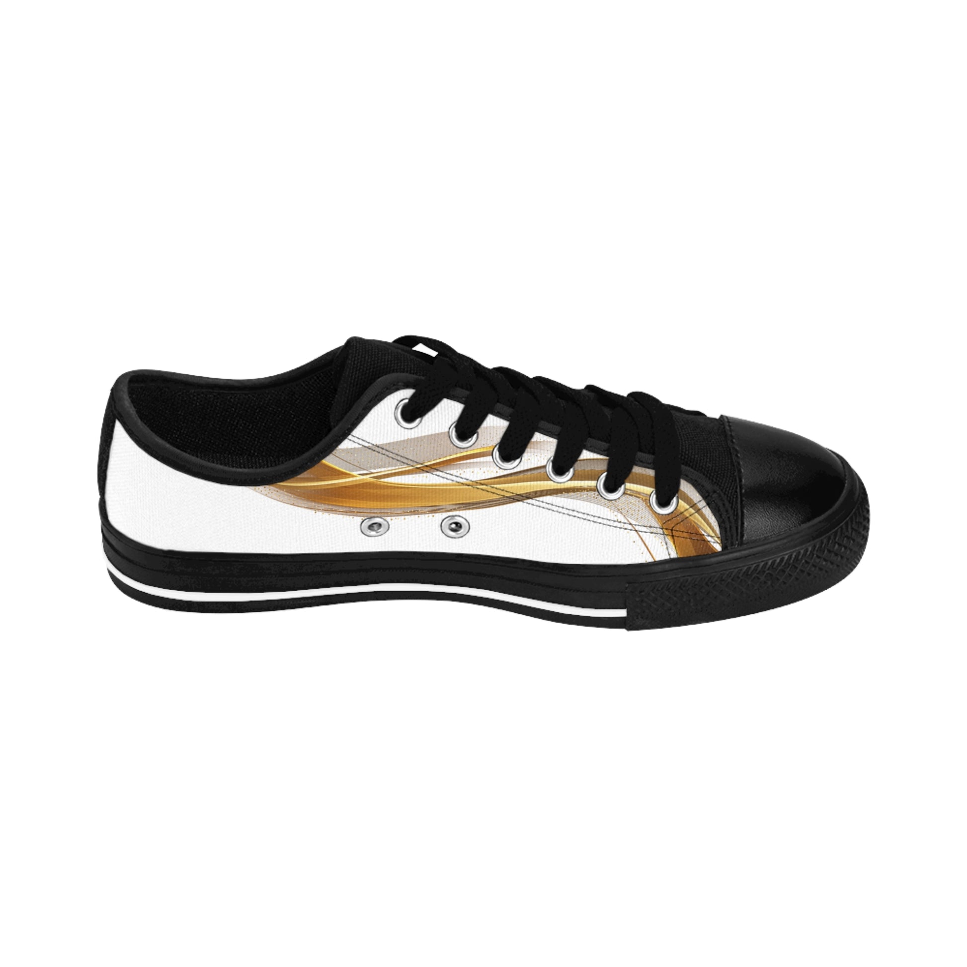 Black and white 'EssenceInnoCreate' sneaker with gold accents on a white background