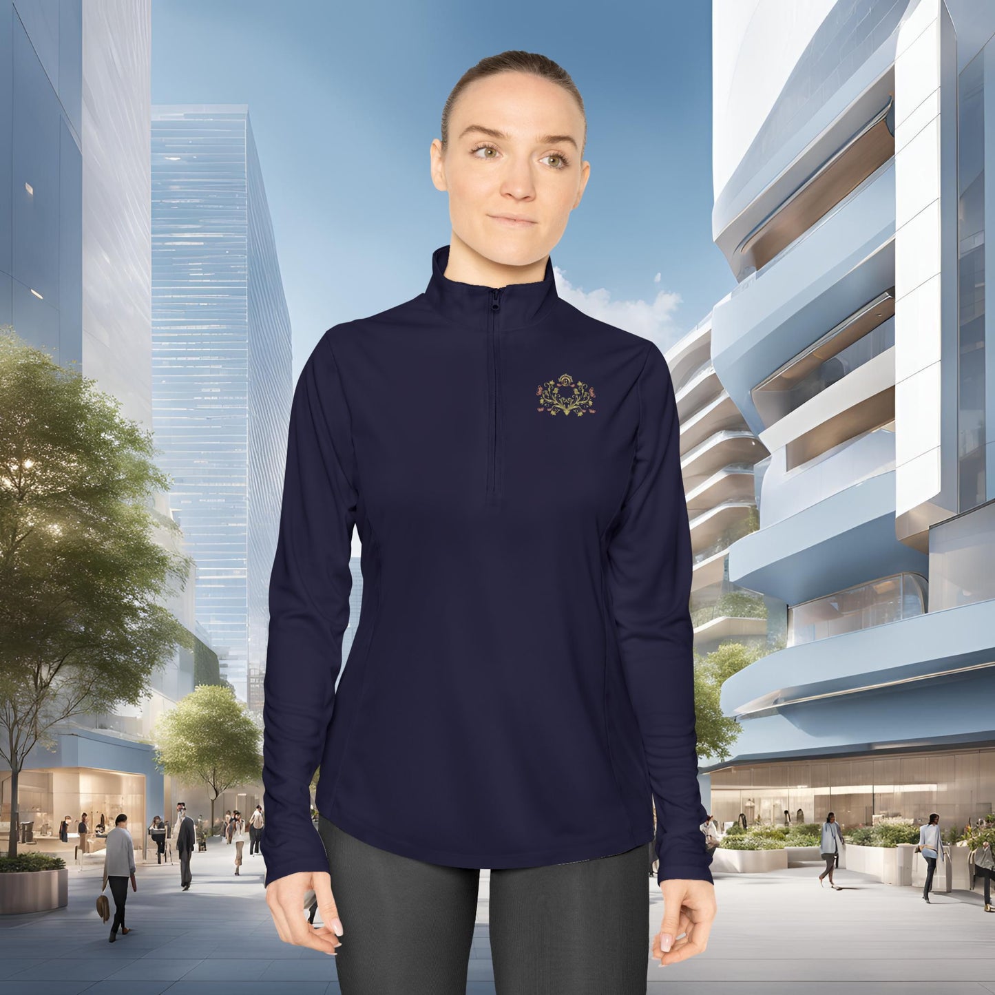 Person wearing a navy blue long-sleeve shirt with an Essence Innovation Bohemian Butterfly logo in an urban setting
