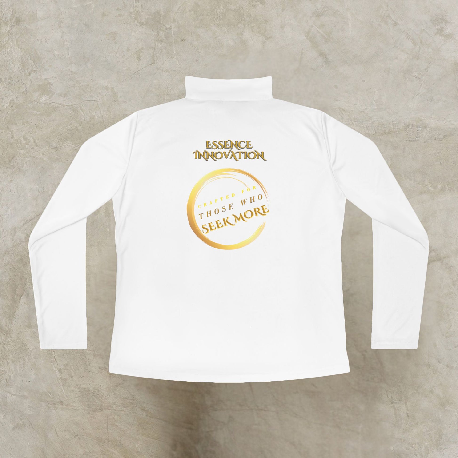White Essence Innovation Seek More quarter-zip long-sleeve shirt with gold text on a gray background