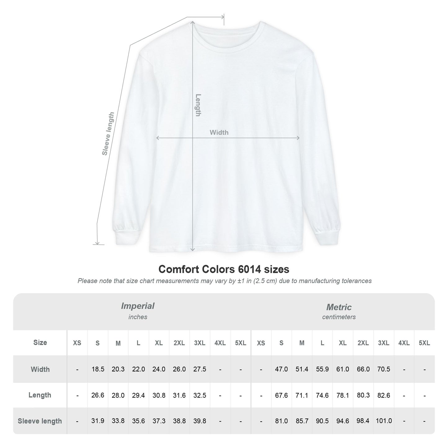White EssenceInnoCreate Quiet Resolve sweatshirt with measurement chart on a white background