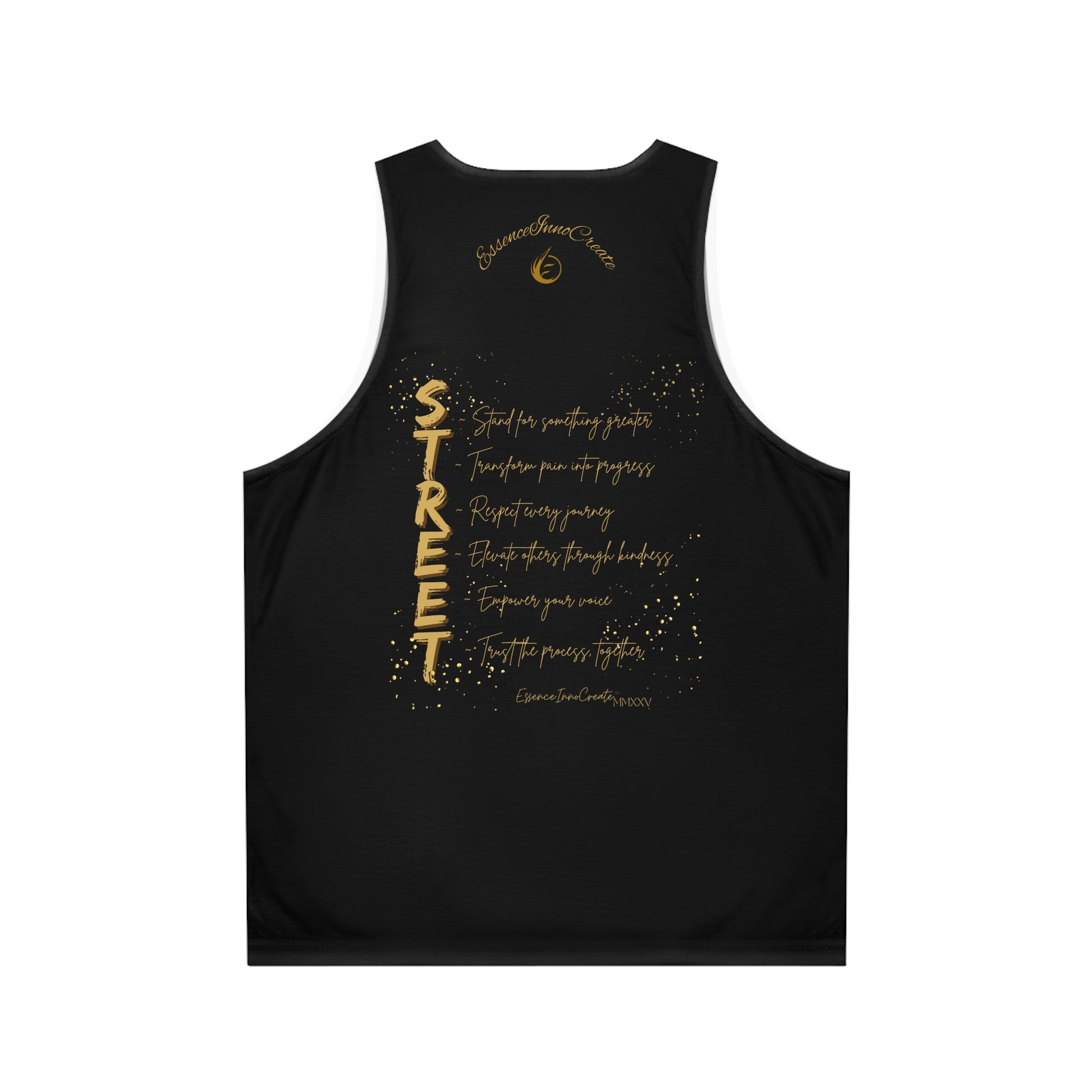 Black EssenceInnoCreate tank top with gold text on a white background