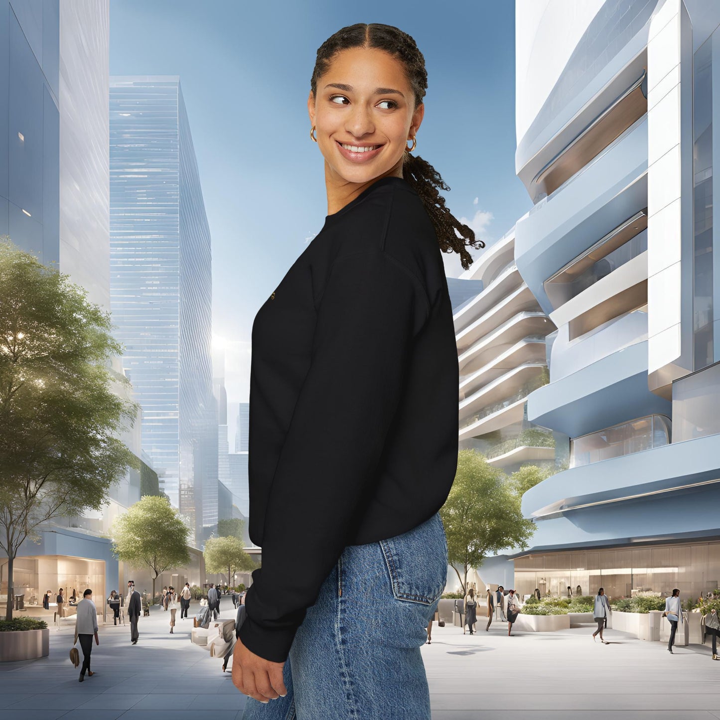 Woman standing in a modern cityscape with tall buildings and clear sky in an 'EssenceInnoCreate' sweatshirt
