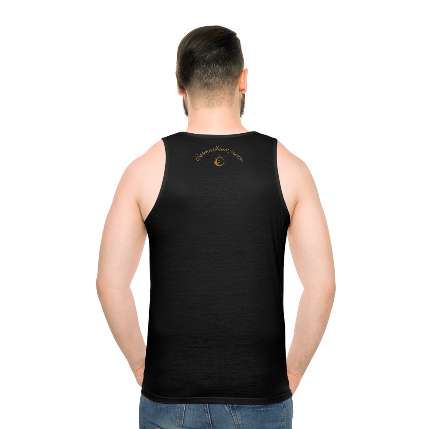 Person wearing a black EssenceInnoCreate tank top with text on the back against a white background