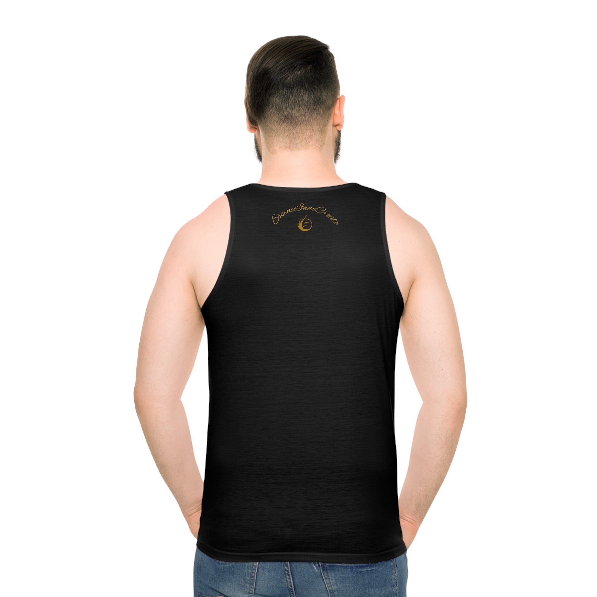 Person wearing a black EssenceInnoCreate tank top with text on the back against a white background