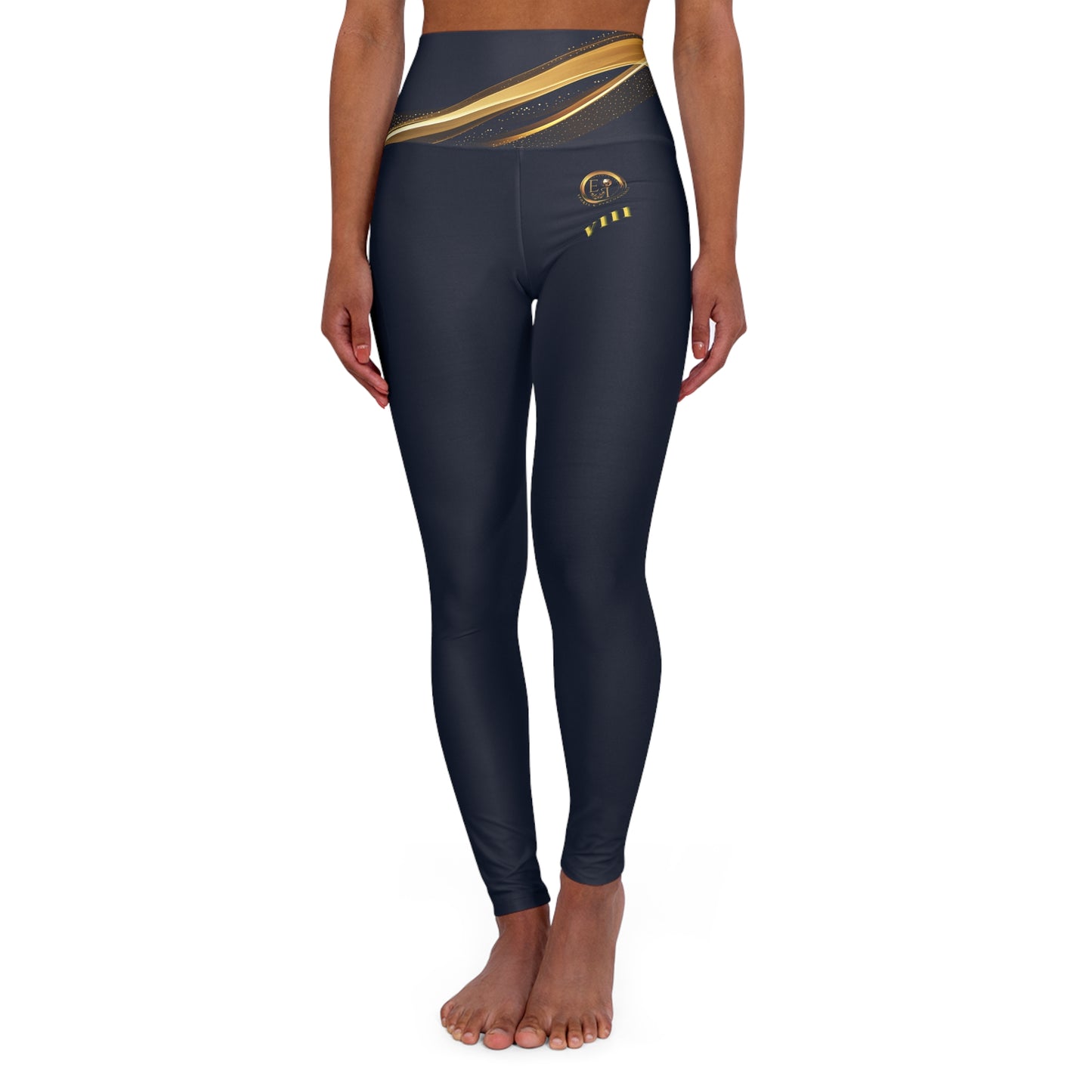 Black leggings with gold accents on a white background