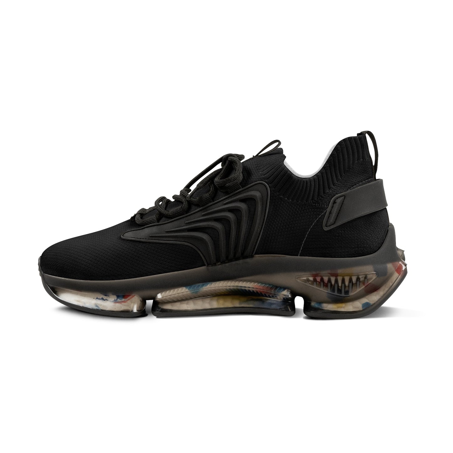 Black 'EssenceInnoCreate' sneaker with transparent sole on a white background