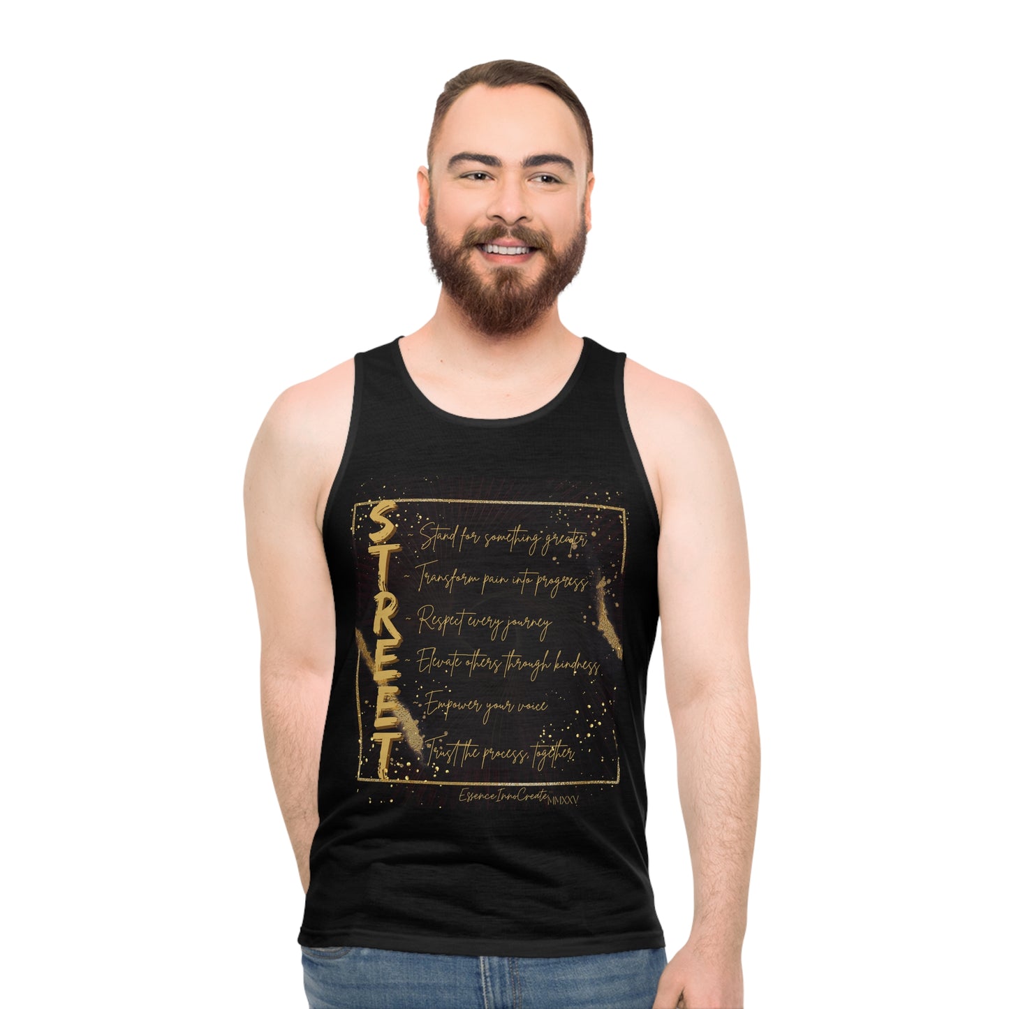 Man wearing a black EssenceInnoCreate tank top with gold text design on a white background