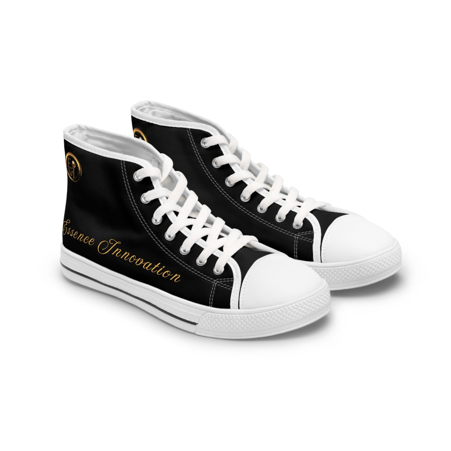 Black high-top 'Essence Innovation' sneakers with white laces and colorful design on a white background