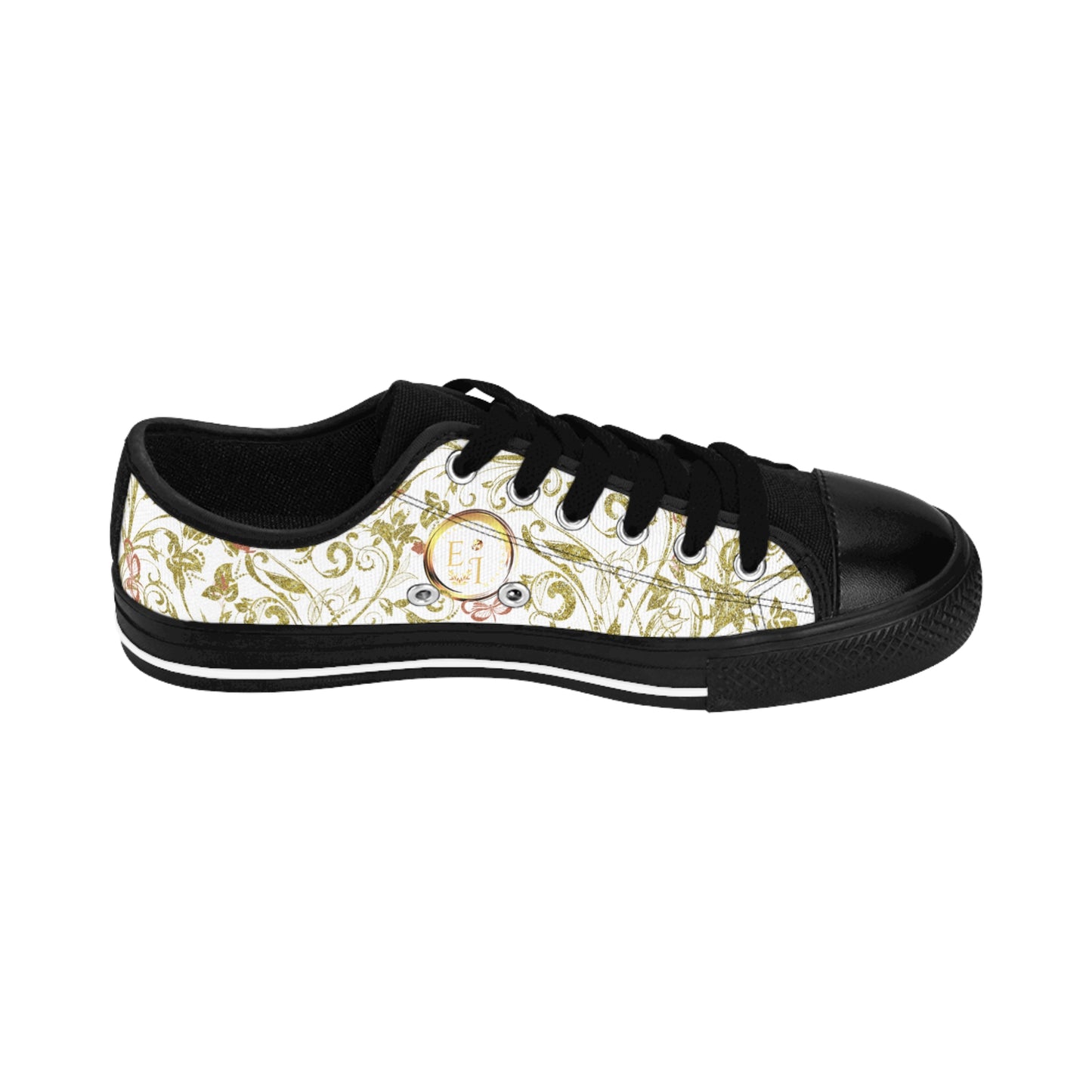 Black Essence Innovation sneaker with white floral pattern and gold accents on a white background