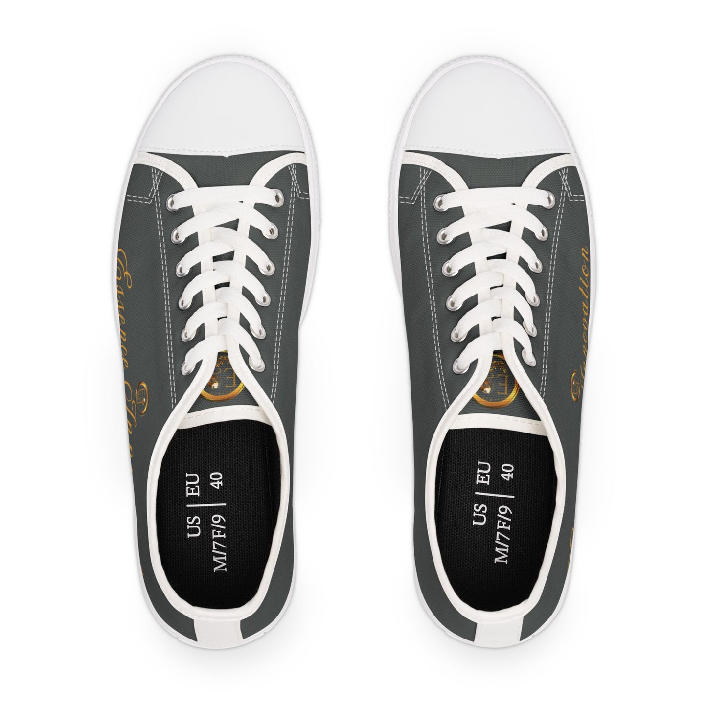 Pair of Grey 'Essence Innovation' sneakers with white laces on a white background