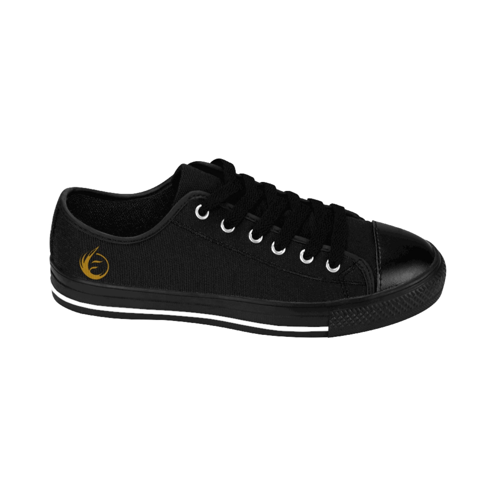 Black sneaker with a yellow EssenceInnoCreate logo on a white background