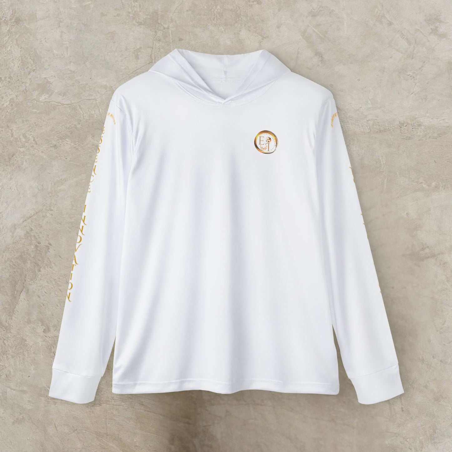 Essence Innovation Seek More White long-sleeve shirt with gold accents on a beige background