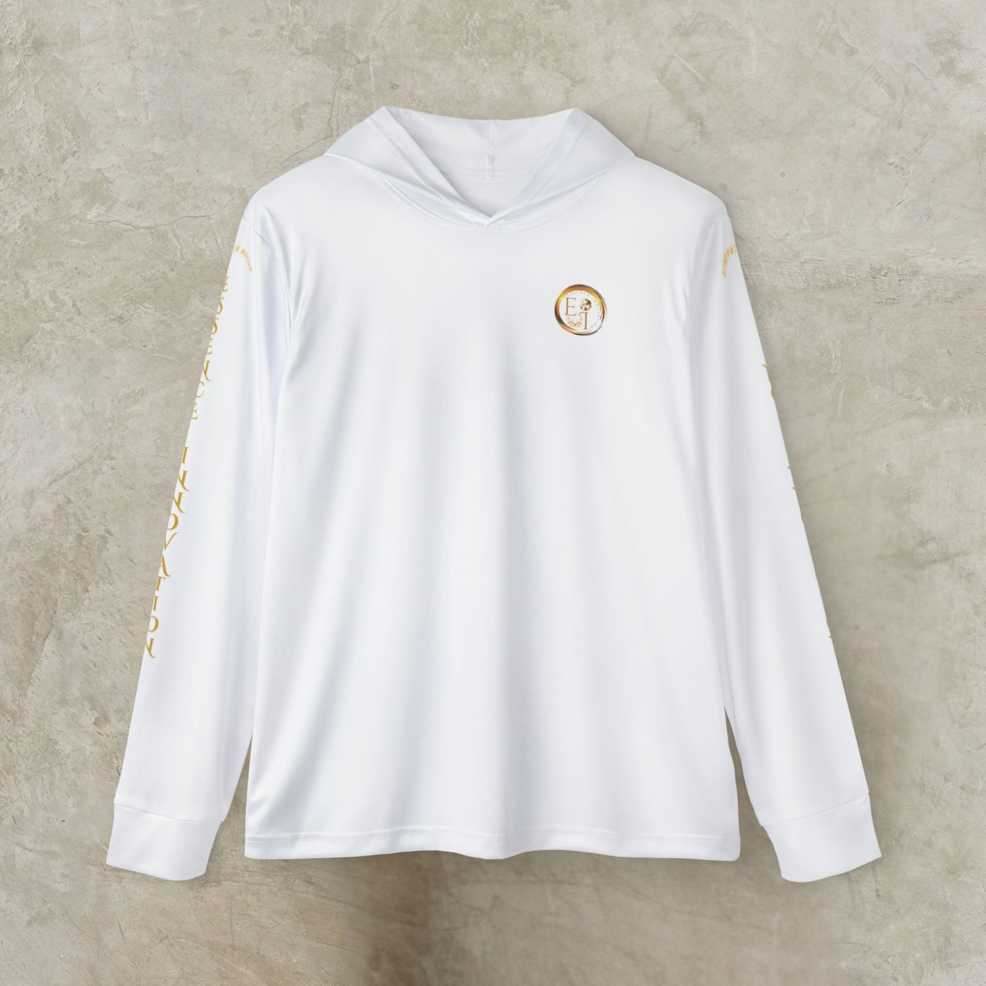 Essence Innovation Seek More White long-sleeve shirt with gold accents on a beige background