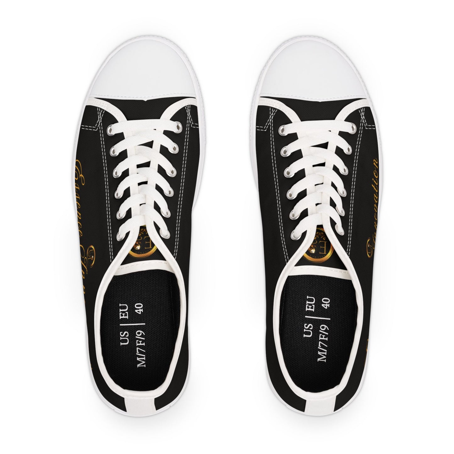Black Essence Innovation sneakers with white laces on a white background