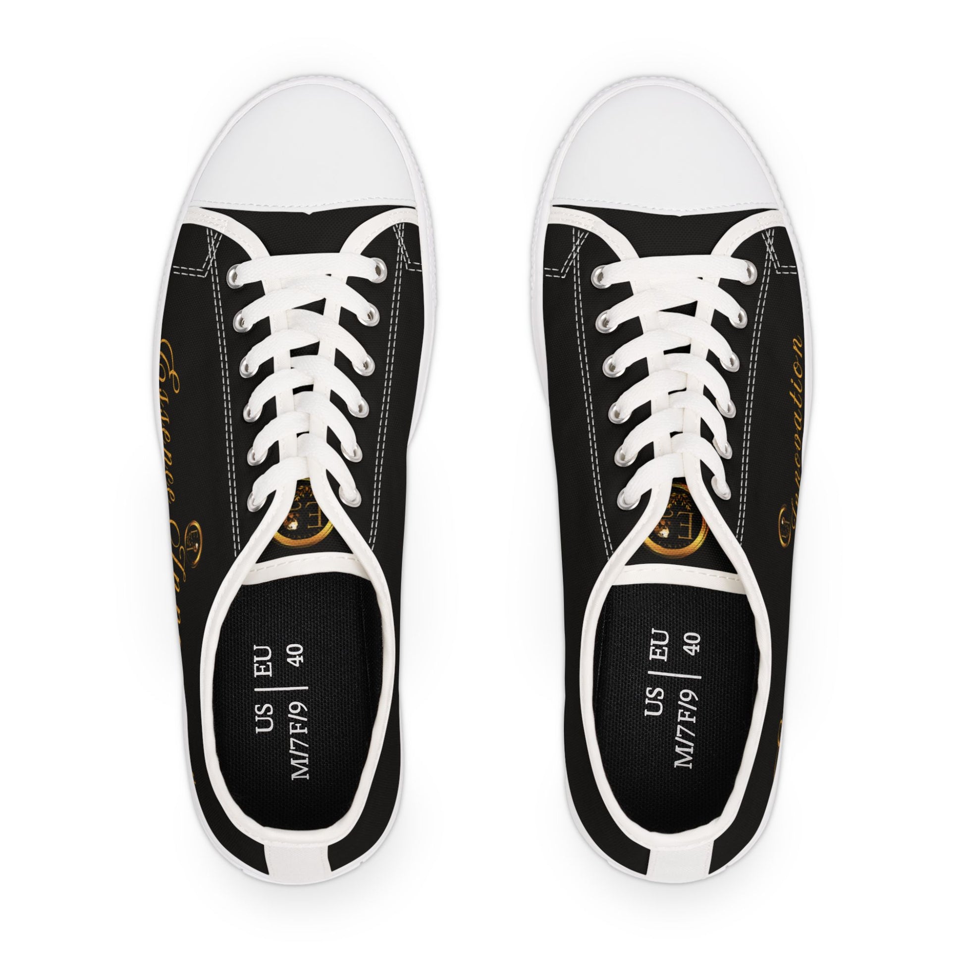 Black Essence Innovation sneakers with white laces on a white background