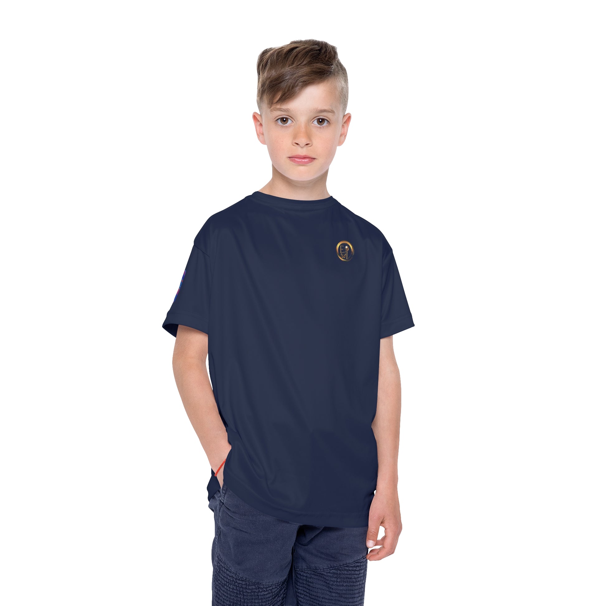 Child wearing a navy Essence Innovation t-shirt with a logo on a white background