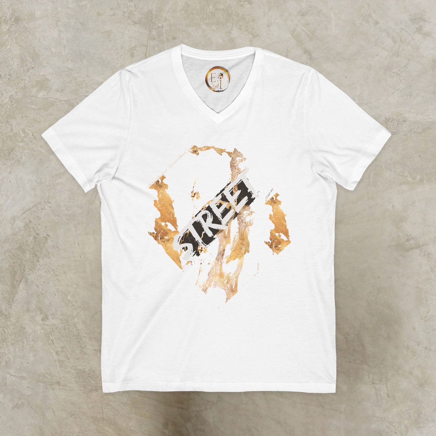 White EssenceInnoCreate t-shirt with graphic design on a gray surface