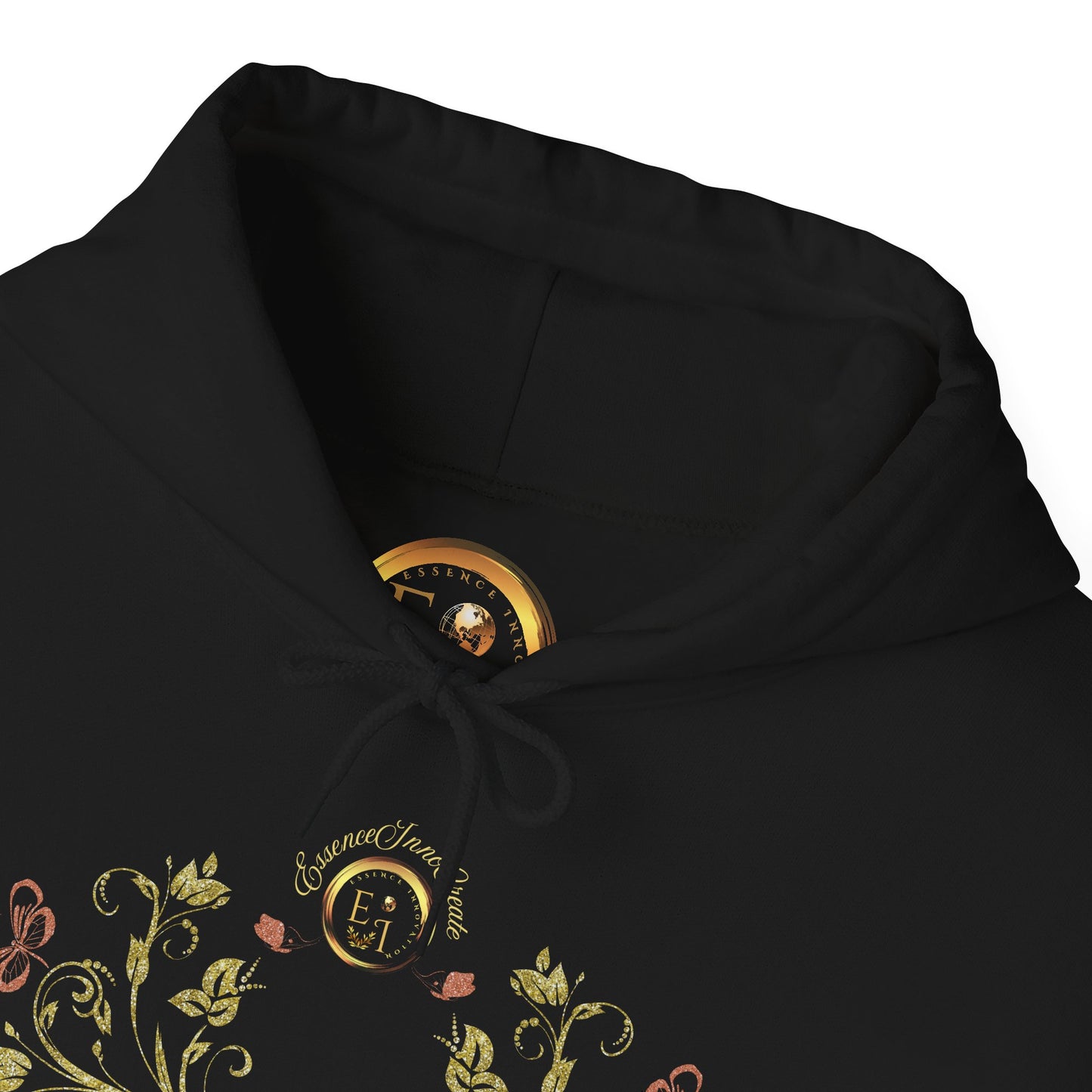 Black hoodie with floral Essence Innovation Bohemian Butterfly Crest designs and a logo on a white background