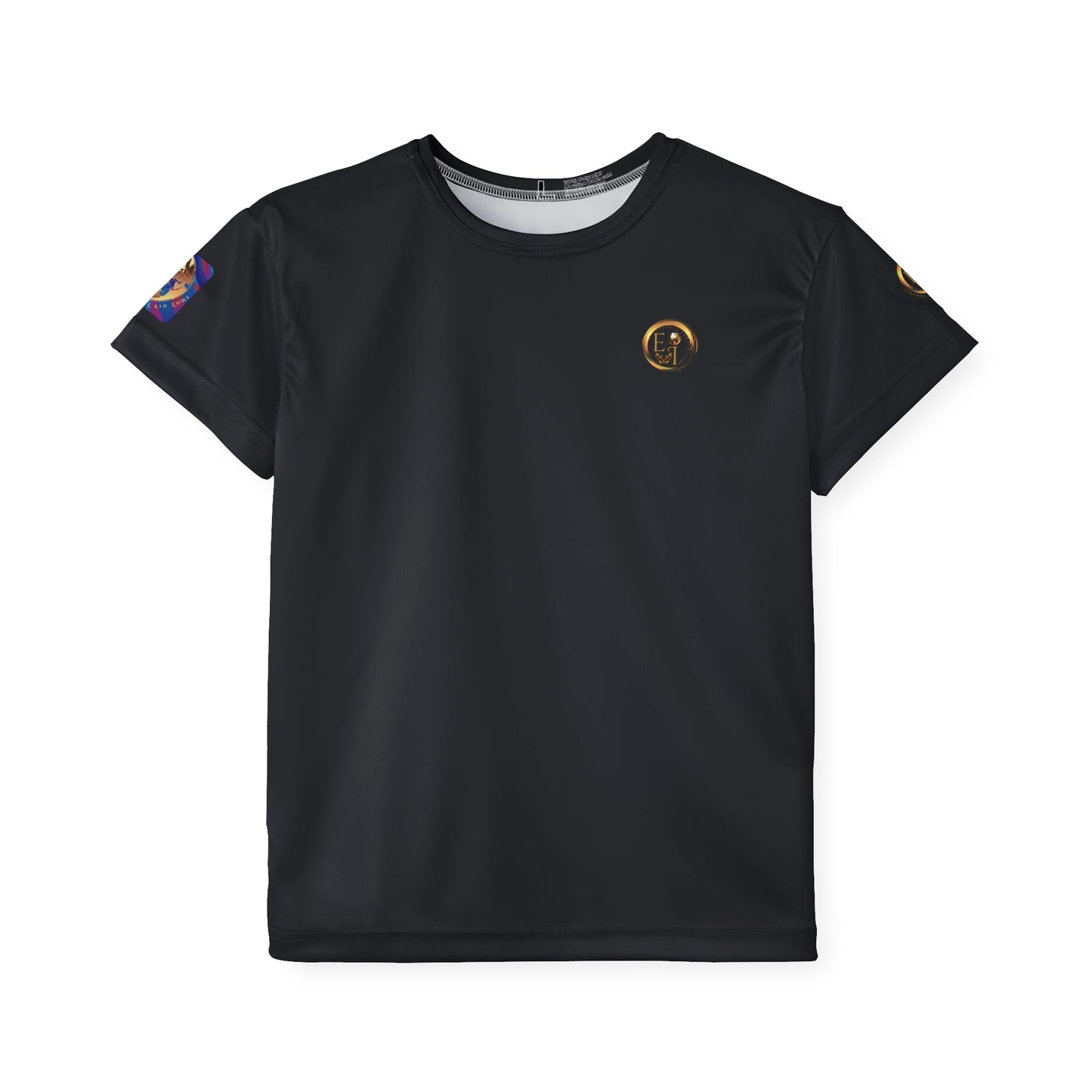 Black Essence Innovation t-shirt with colorful arm patches and a logo on the chest against a white background