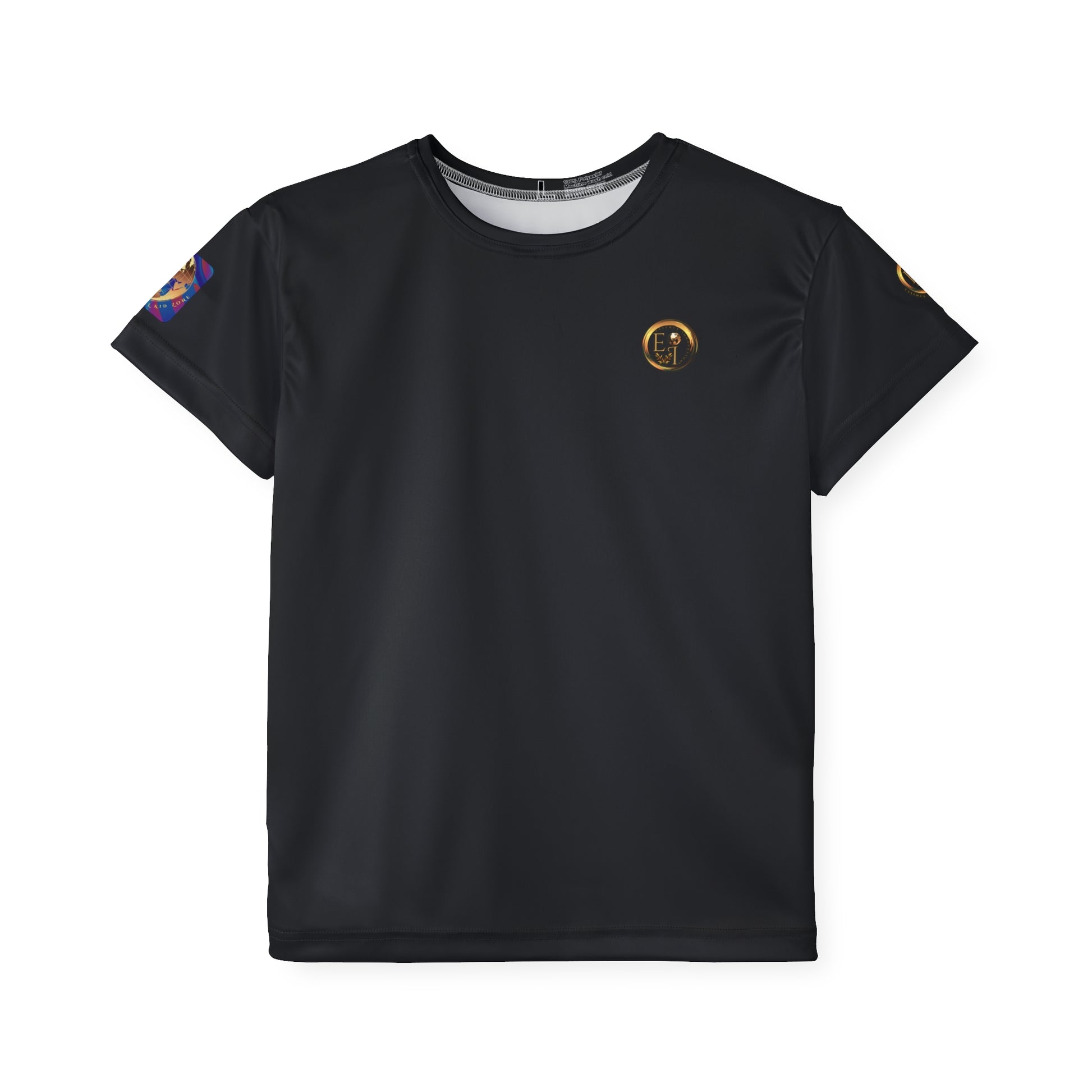 Black Essence Innovation t-shirt with colorful arm patches and a logo on the chest against a white background