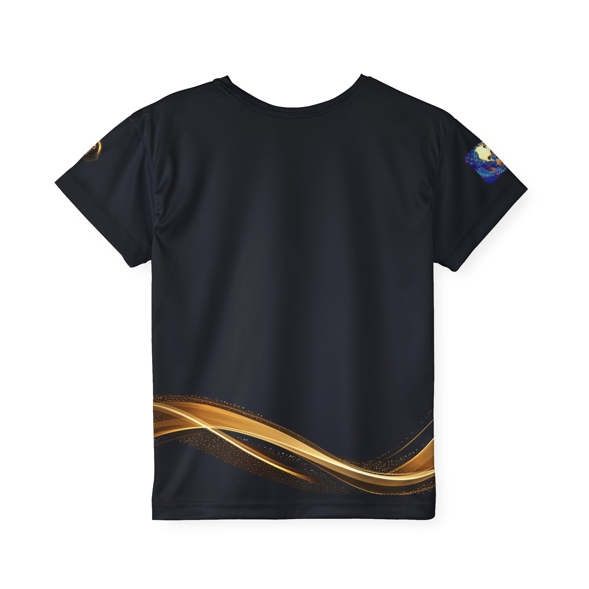 Black Essence Innovation t-shirt with gold design on a white background