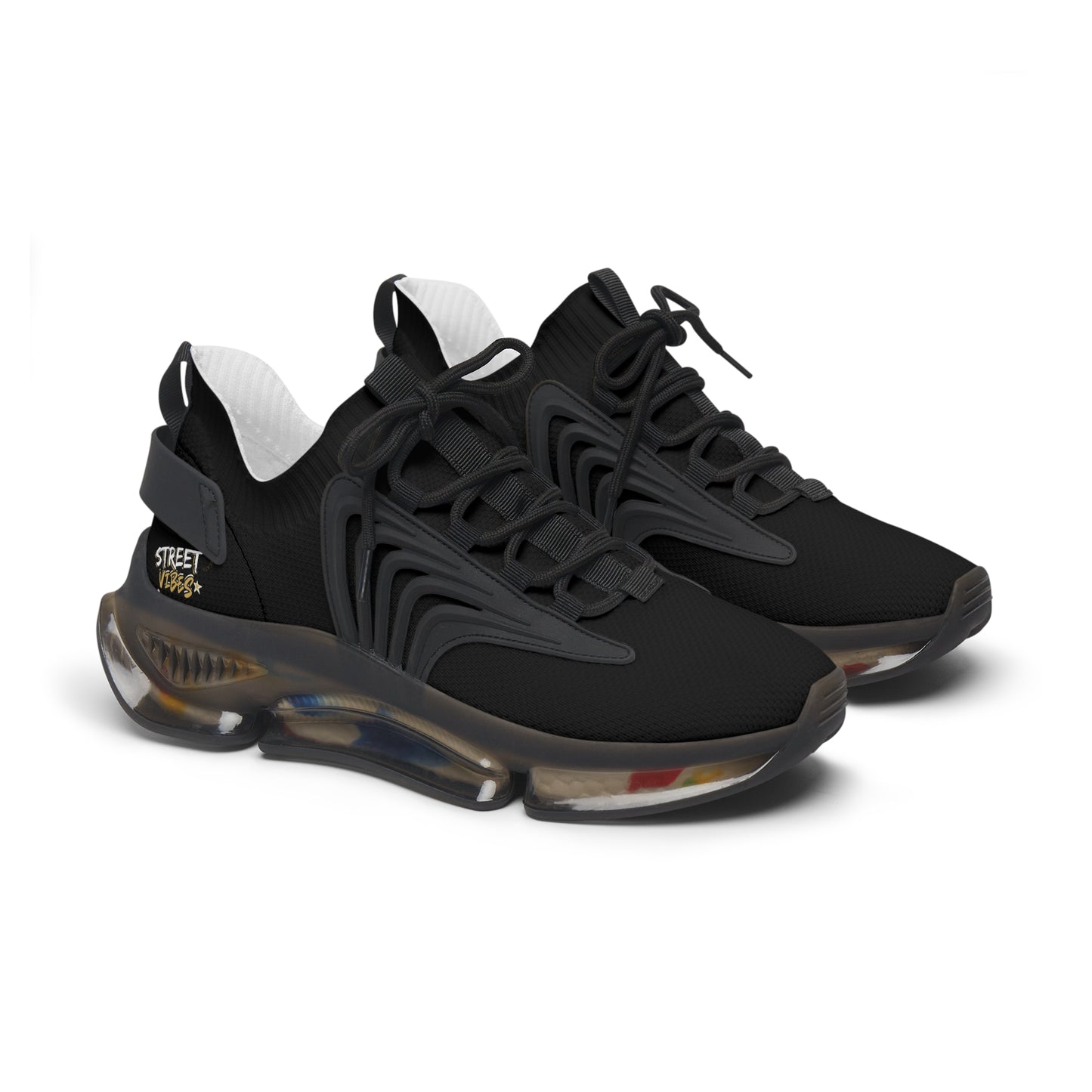 Black sneakers with unique Essence Innovation 'Street Vibes' sole design on a white background