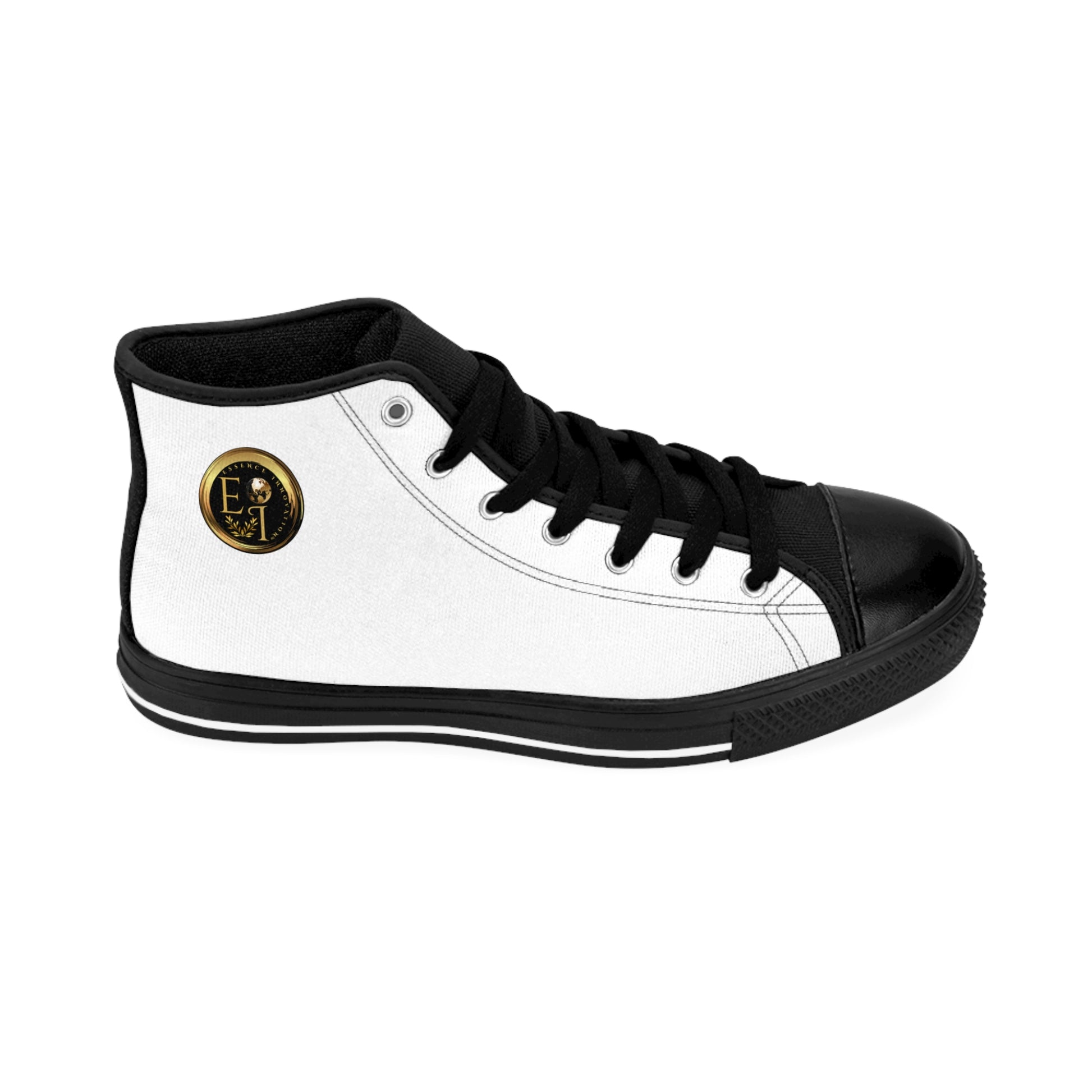 White high-top 'Essence Innovation' sneaker with black laces and a gold logo on a white background
