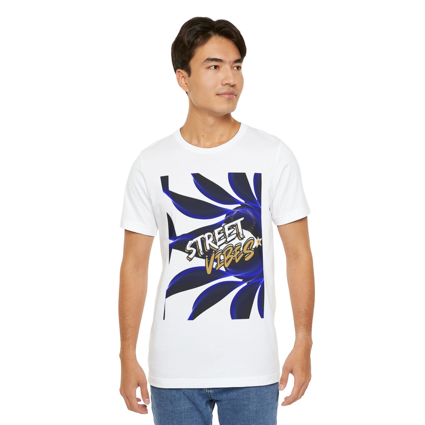 Man wearing a white EssenceInnoCreate t-shirt with a colorful graphic and text on a white background