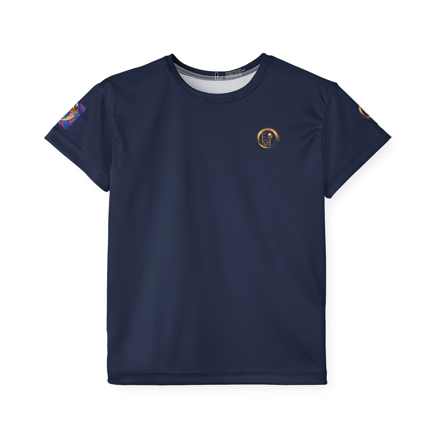 Black t-shirt with colorful arm patches and a logo on the chest against a white background