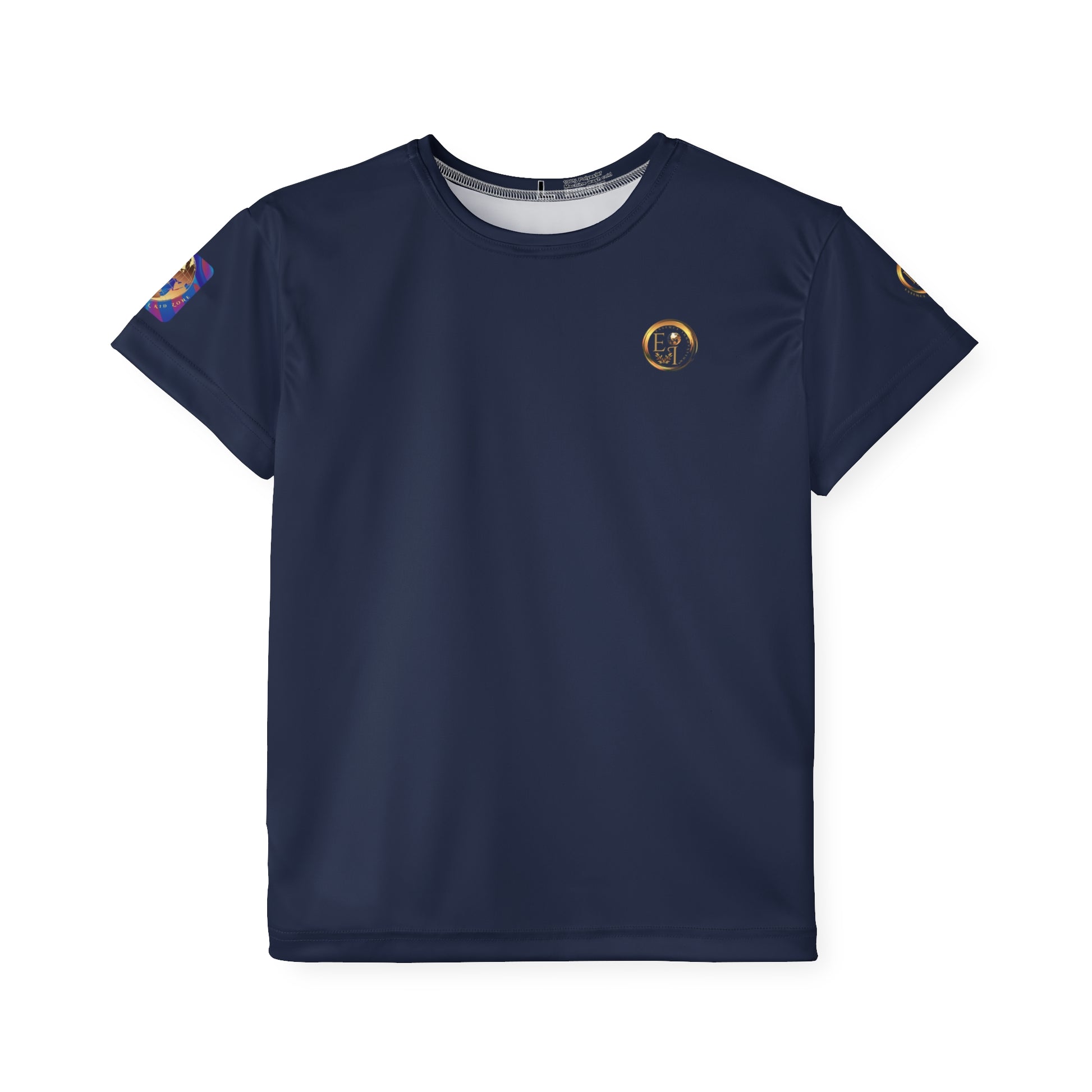 Black t-shirt with colorful arm patches and a logo on the chest against a white background