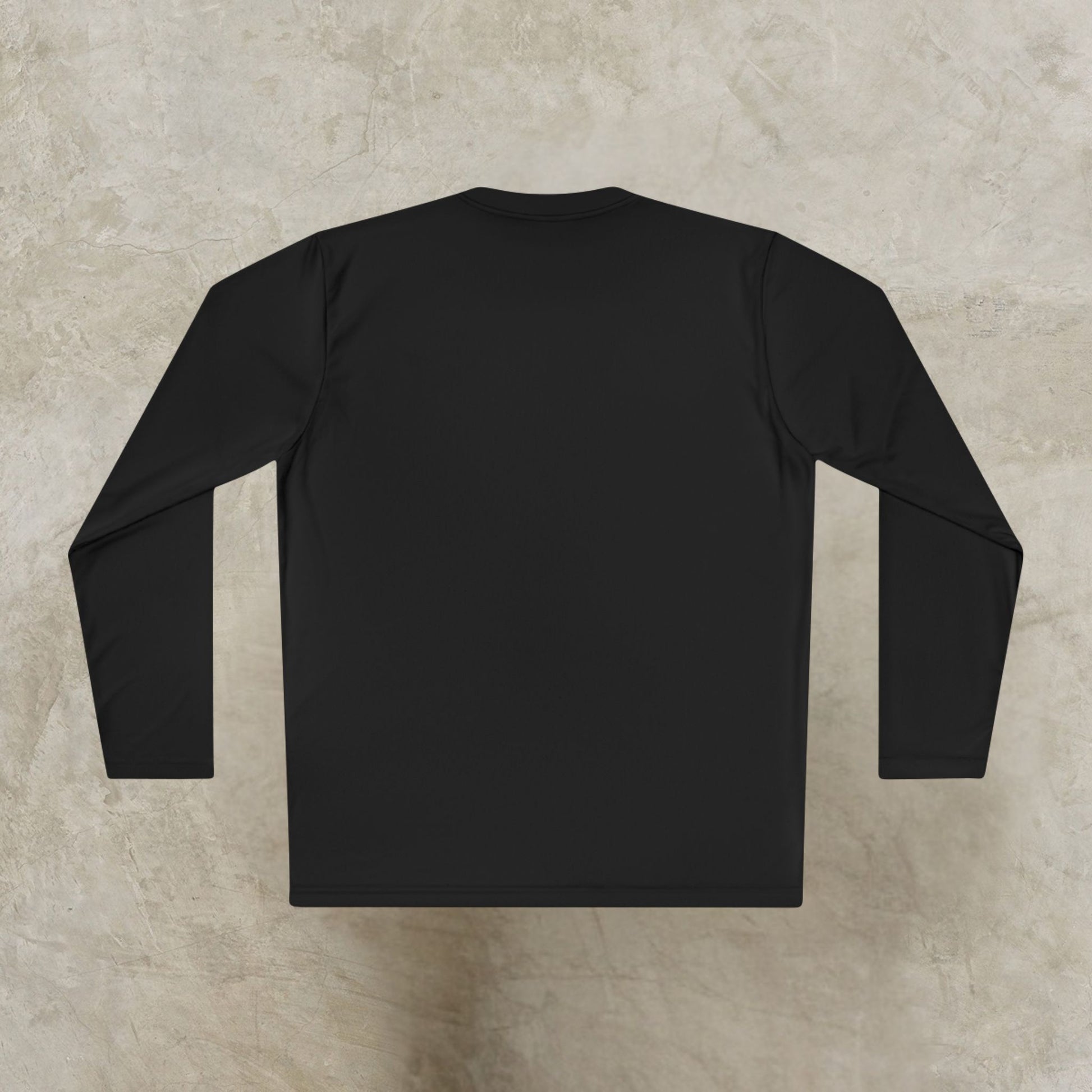 Black long-sleeve 'EssenceInnoCreate' shirt on a beige textured background
