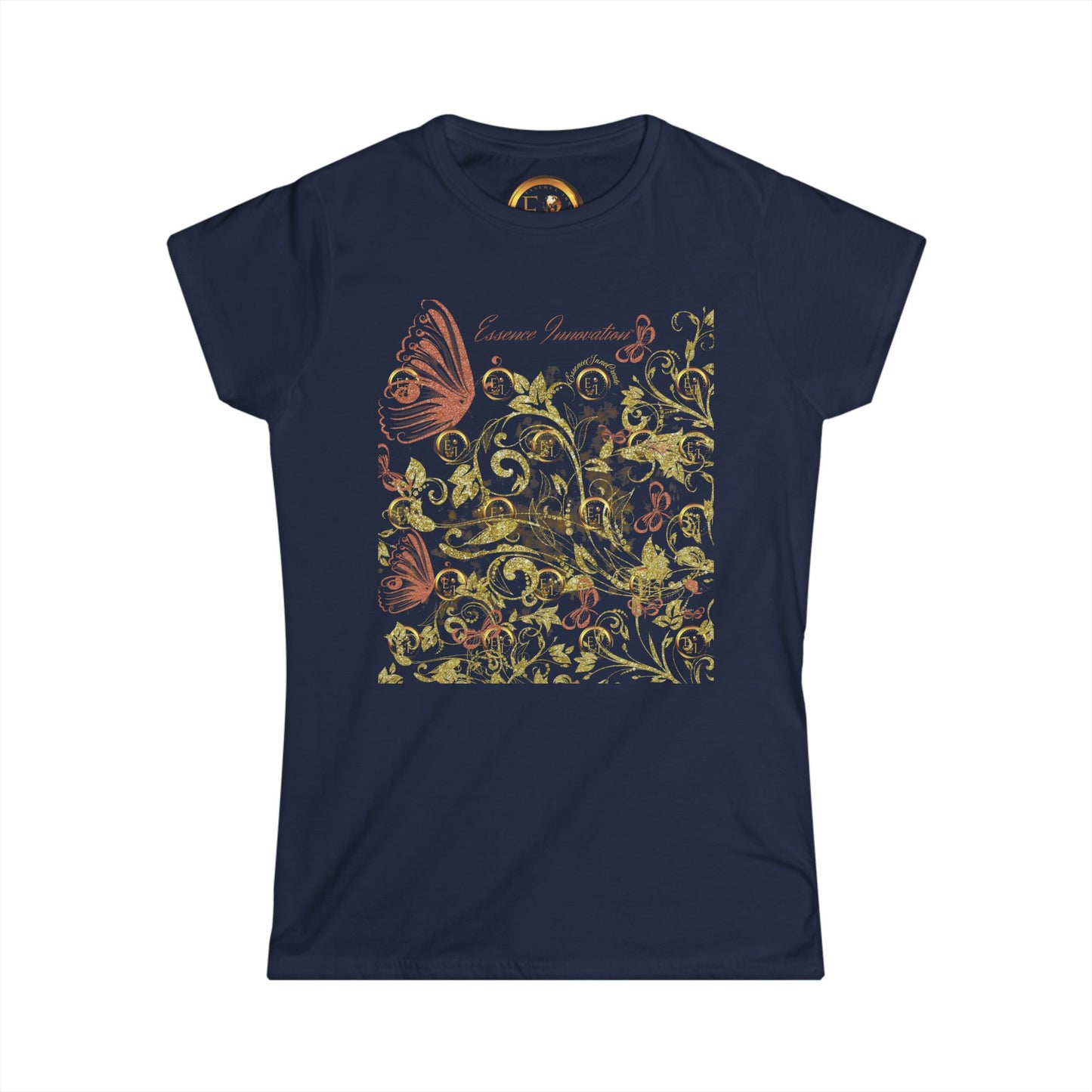 Floral Butterfly T-Shirt in Navy | Elegant Nature Graphic Tee | Boho Botanical Shirt for Women | EssenceInnoCreate
