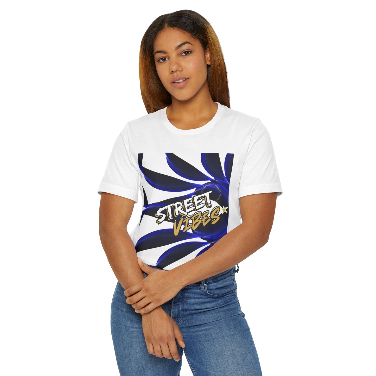 Woman wearing a white EssenceInnoCreate t-shirt with 'Street Vibes' design on a white background