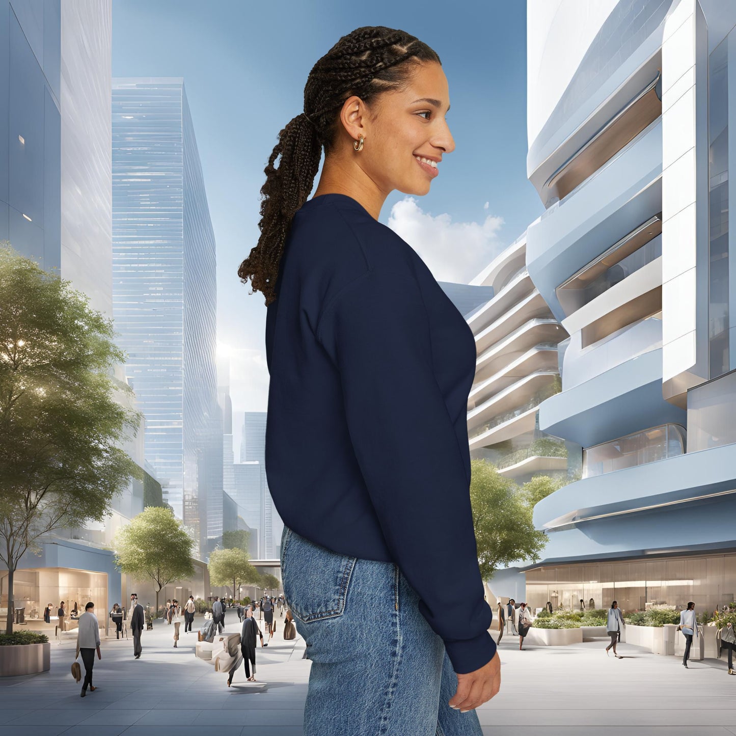 Woman in an 'EssenceInnoCreate' sweatshirt standing in a modern cityscape with tall buildings and pedestrians.