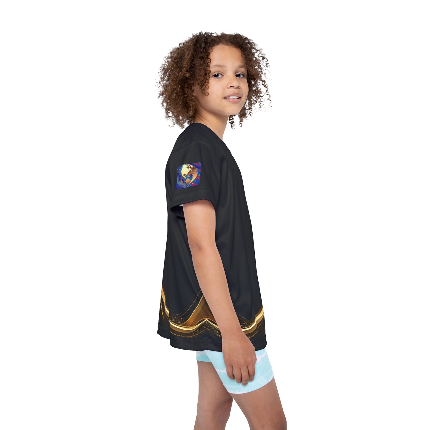 Child wearing a black Essence Innovation t-shirt with a colorful design on a white background
