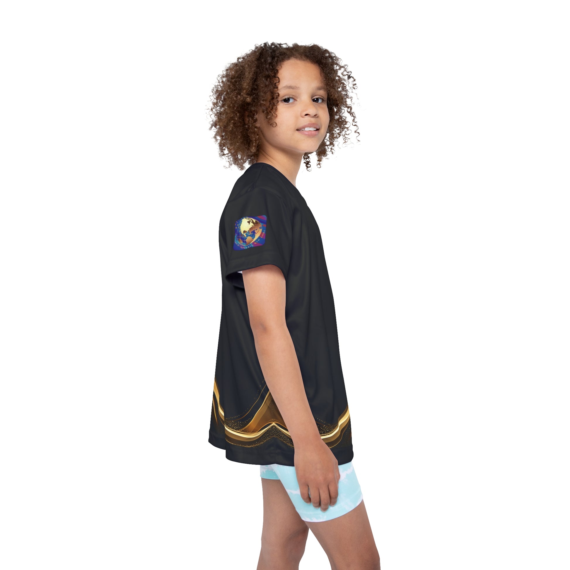 Child wearing a black Essence Innovation t-shirt with a colorful design on a white background