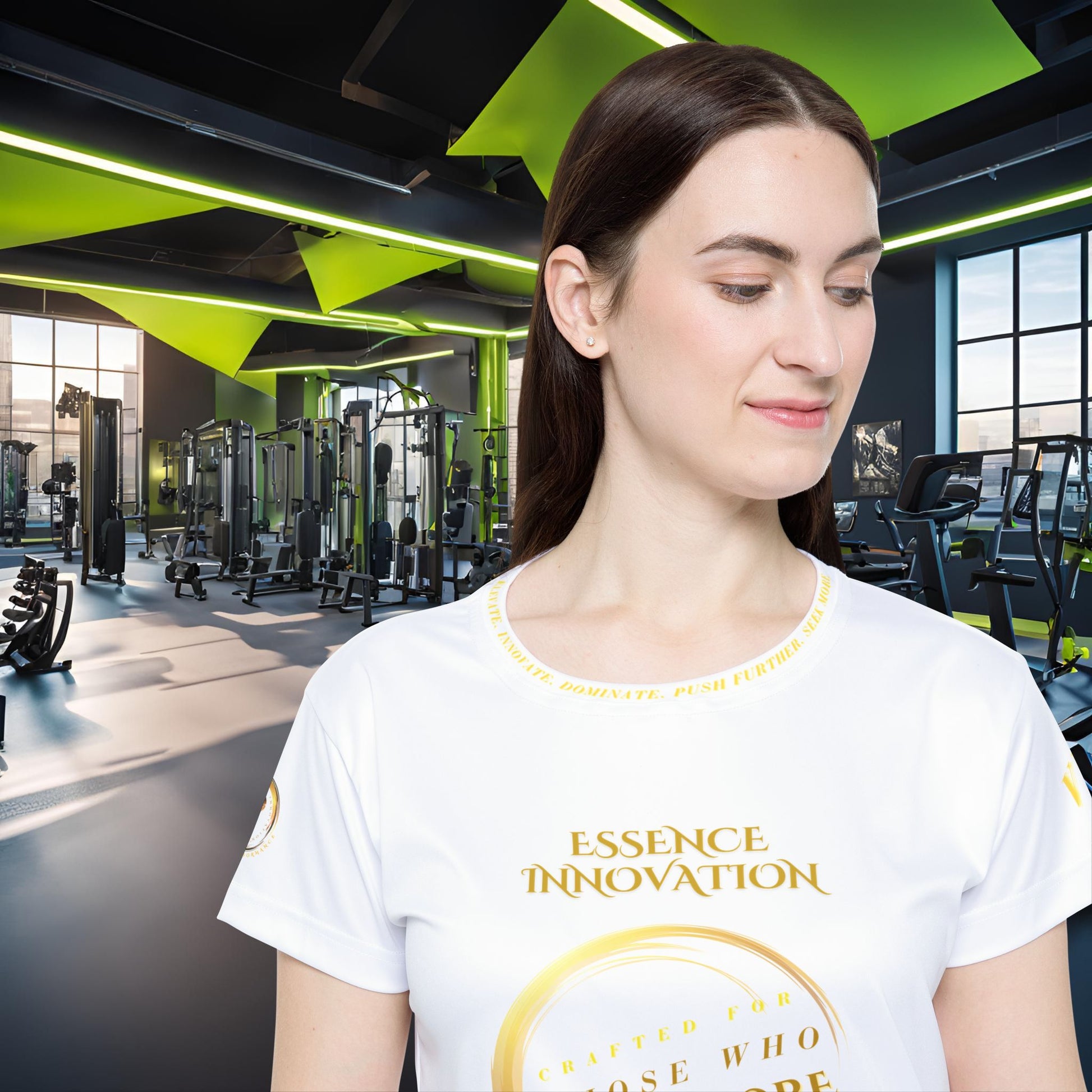 Woman wearing a white t-shirt with 'Essence Innovation' text in a gym setting