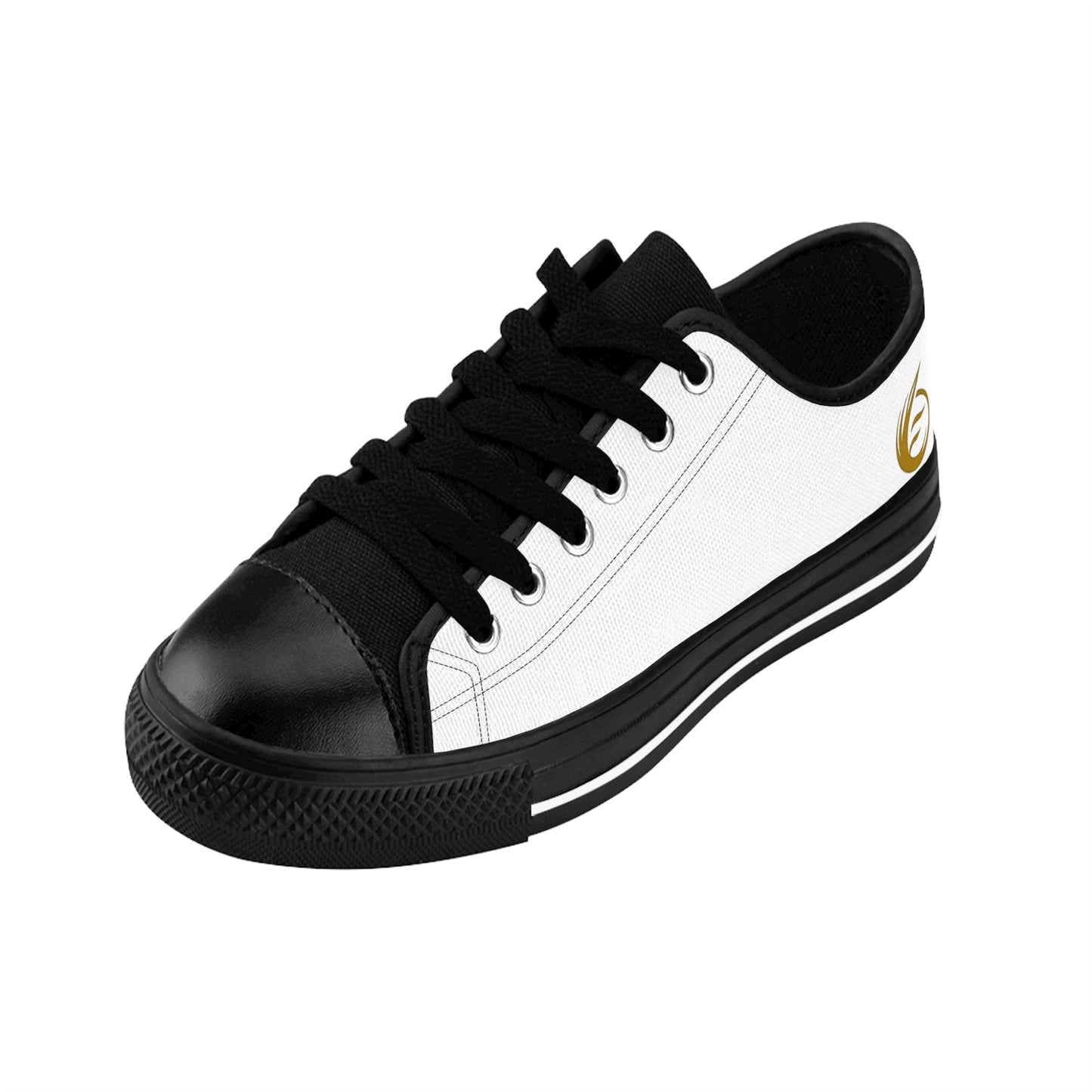 Black and white EssenceInnoCreate sneaker with a gold logo on a white background